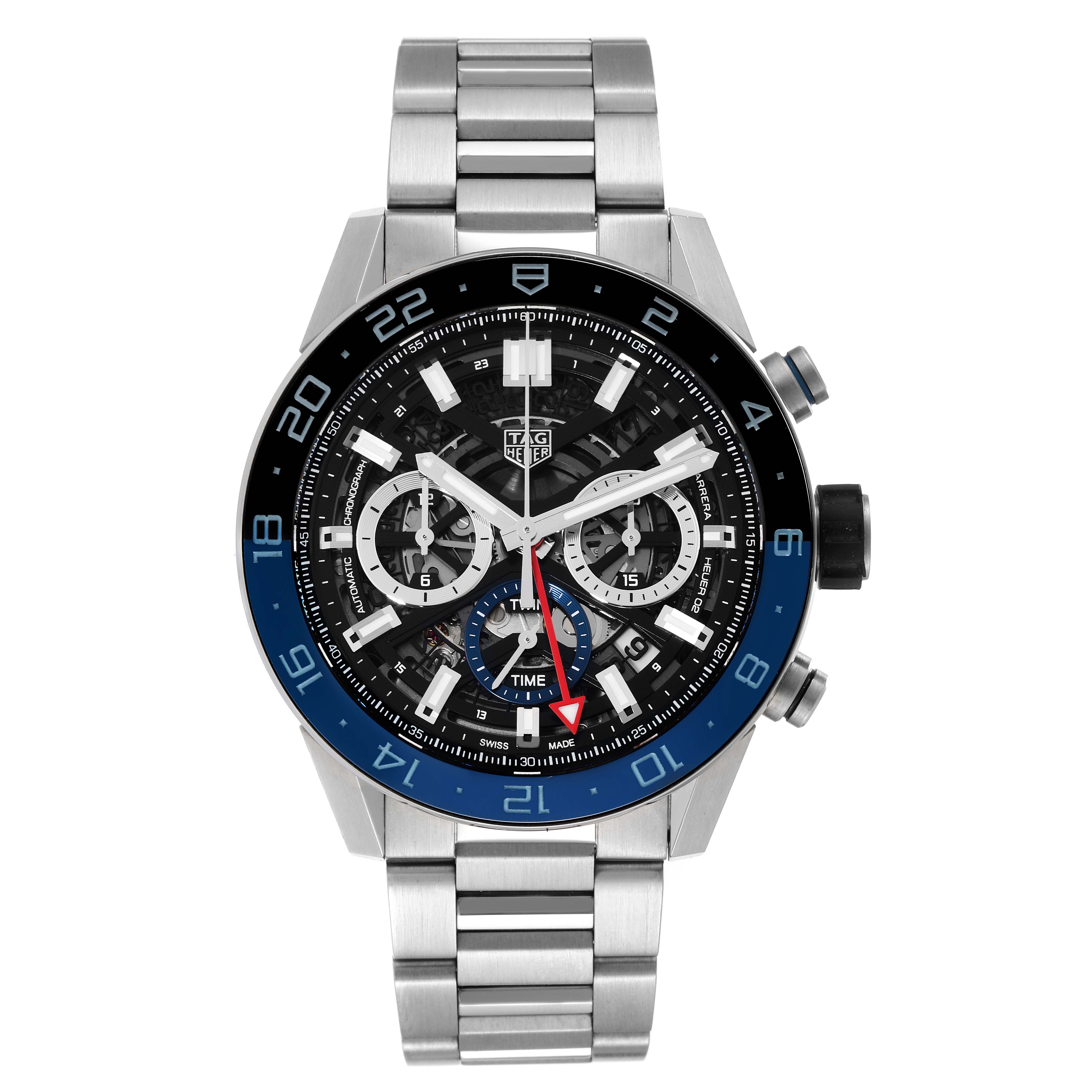 The image shows a front view of the Tag Heuer Carrera CBG2A1Z.BA0658 Men's Stainless Steel Black Dial CBG2A1Z.BA0658 Men's Stainless Steel Black Dial watch, detailing its face, bezel, dials, and metal bracelet.