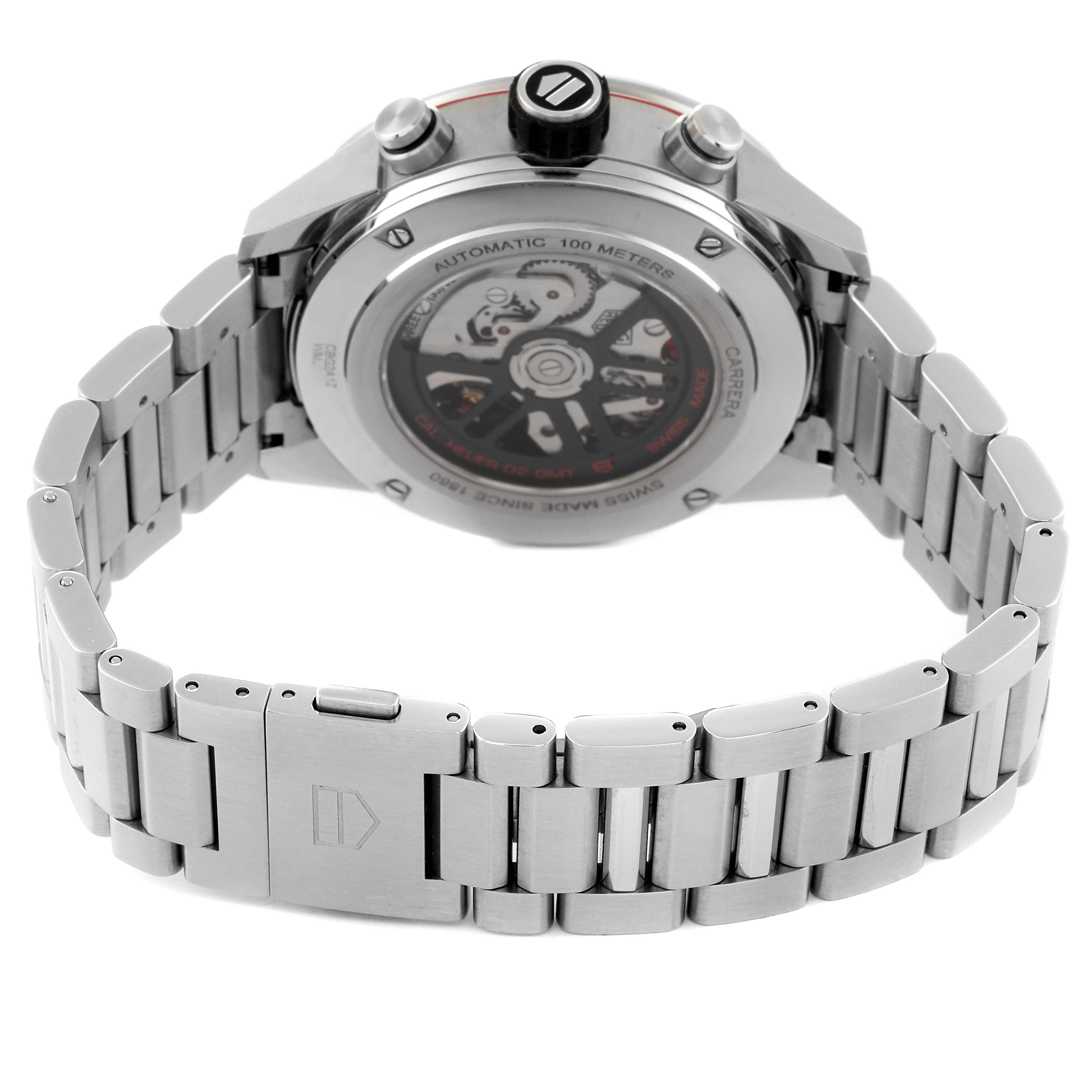 The image shows the back of a Tag Heuer Carrera CBG2A1Z.BA0658 Men's Stainless Steel Black Dial CBG2A1Z.BA0658 Men's Stainless Steel Black Dial watch, highlighting its stainless steel bracelet and automatic movement mechanism.