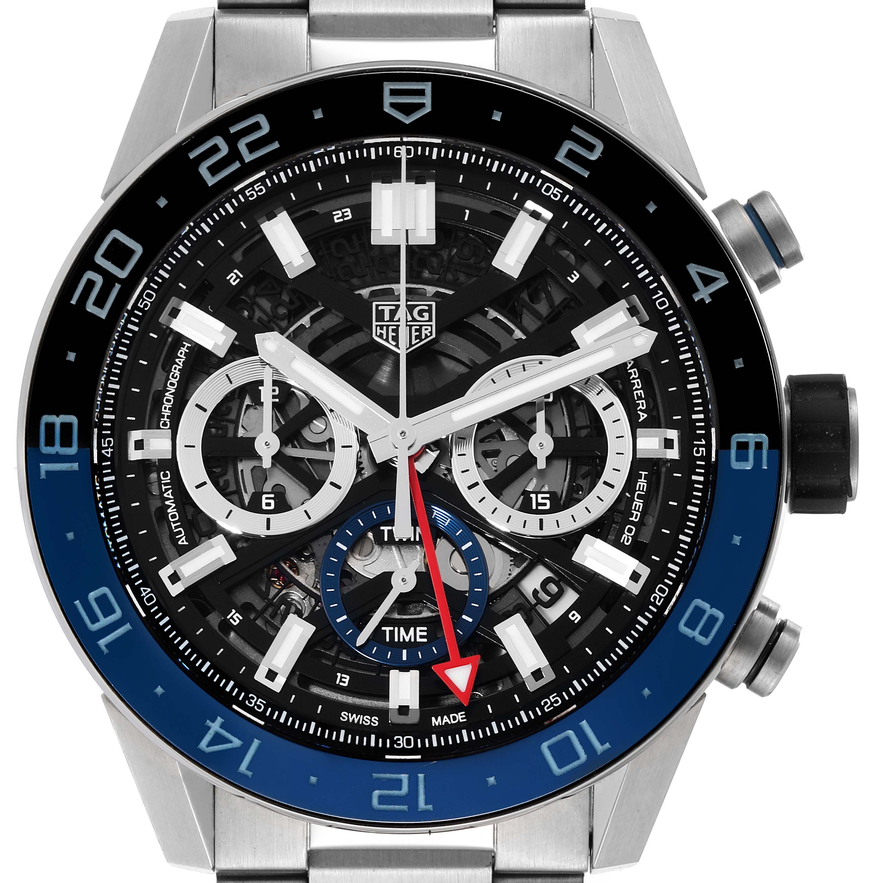 The image displays a front view of the Tag Heuer Carrera CBG2A1Z.BA0658 Men's Stainless Steel Black Dial CBG2A1Z.BA0658 Men's Stainless Steel Black Dial watch, highlighting the face, hands, and chronograph dials.
