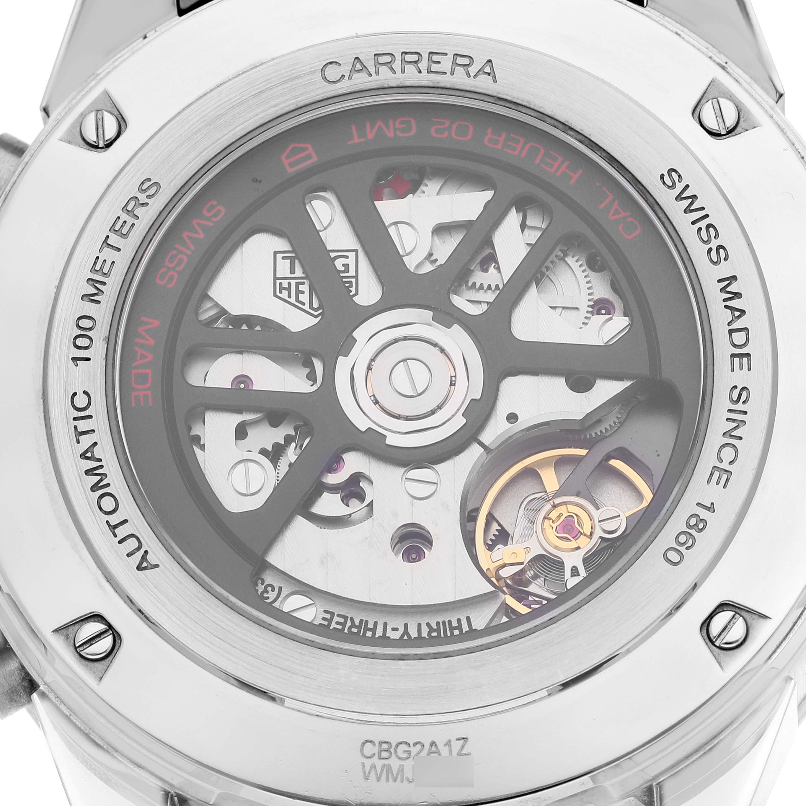This image shows the case back of the Tag Heuer Carrera CBG2A1Z.BA0658 Men's Stainless Steel Black Dial CBG2A1Z.BA0658 Men's Stainless Steel Black Dial watch, revealing its automatic movement.
