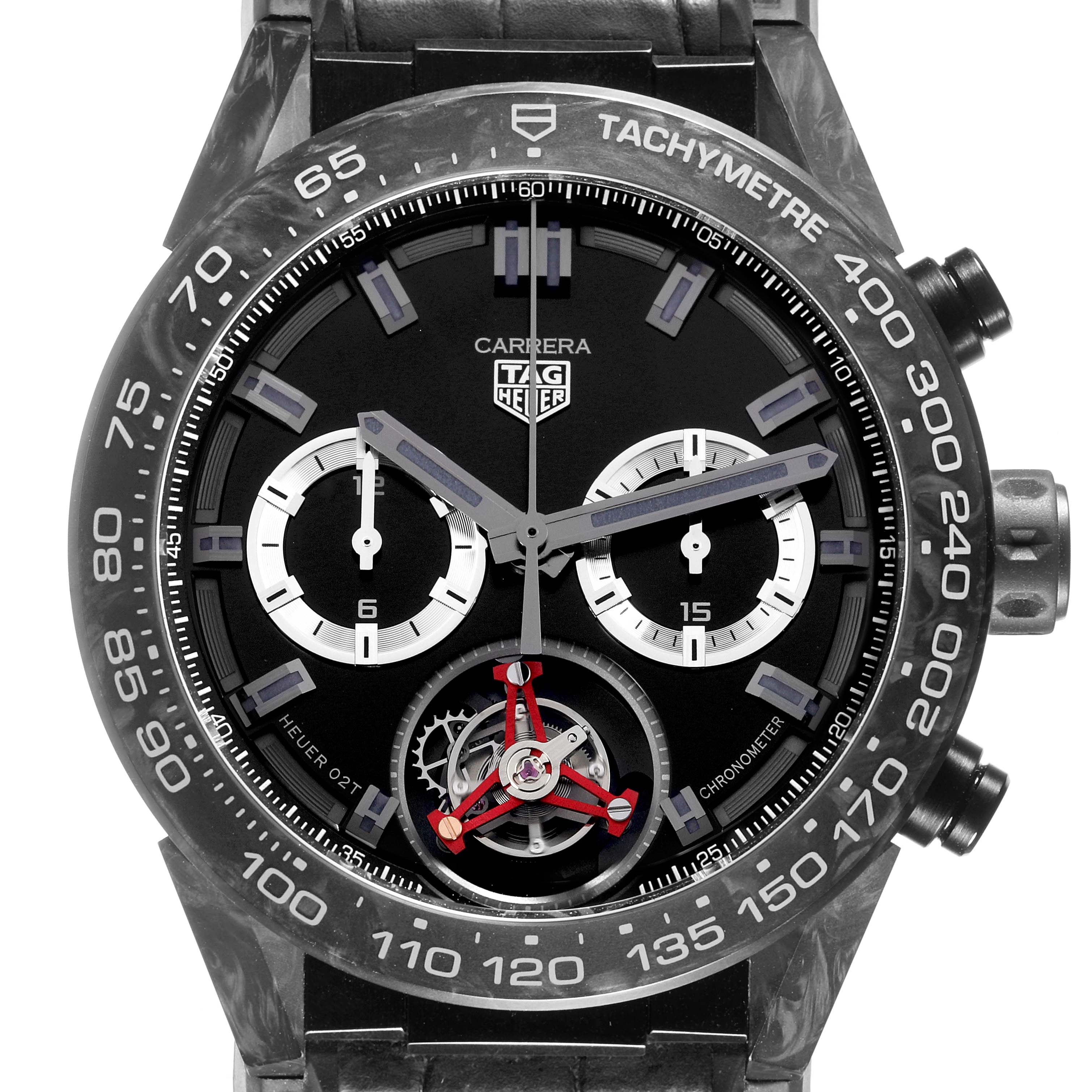 The image shows a frontal view of a Tag Heuer Carrera CAR5A8AD Mens Titanium Black Dial watch, highlighting the dial, subdials, and tachymeter.