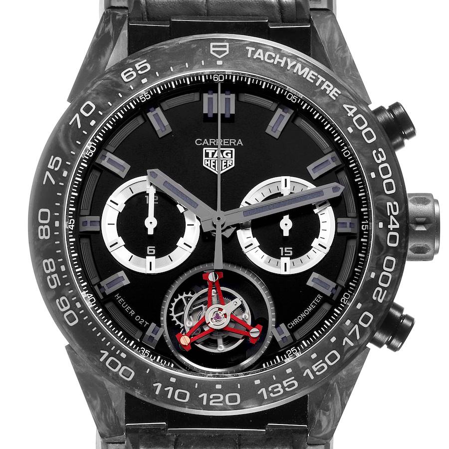 The image shows a frontal view of a Tag Heuer Carrera CAR5A8AD Mens Titanium Black Dial watch, highlighting the dial, subdials, and tachymeter.