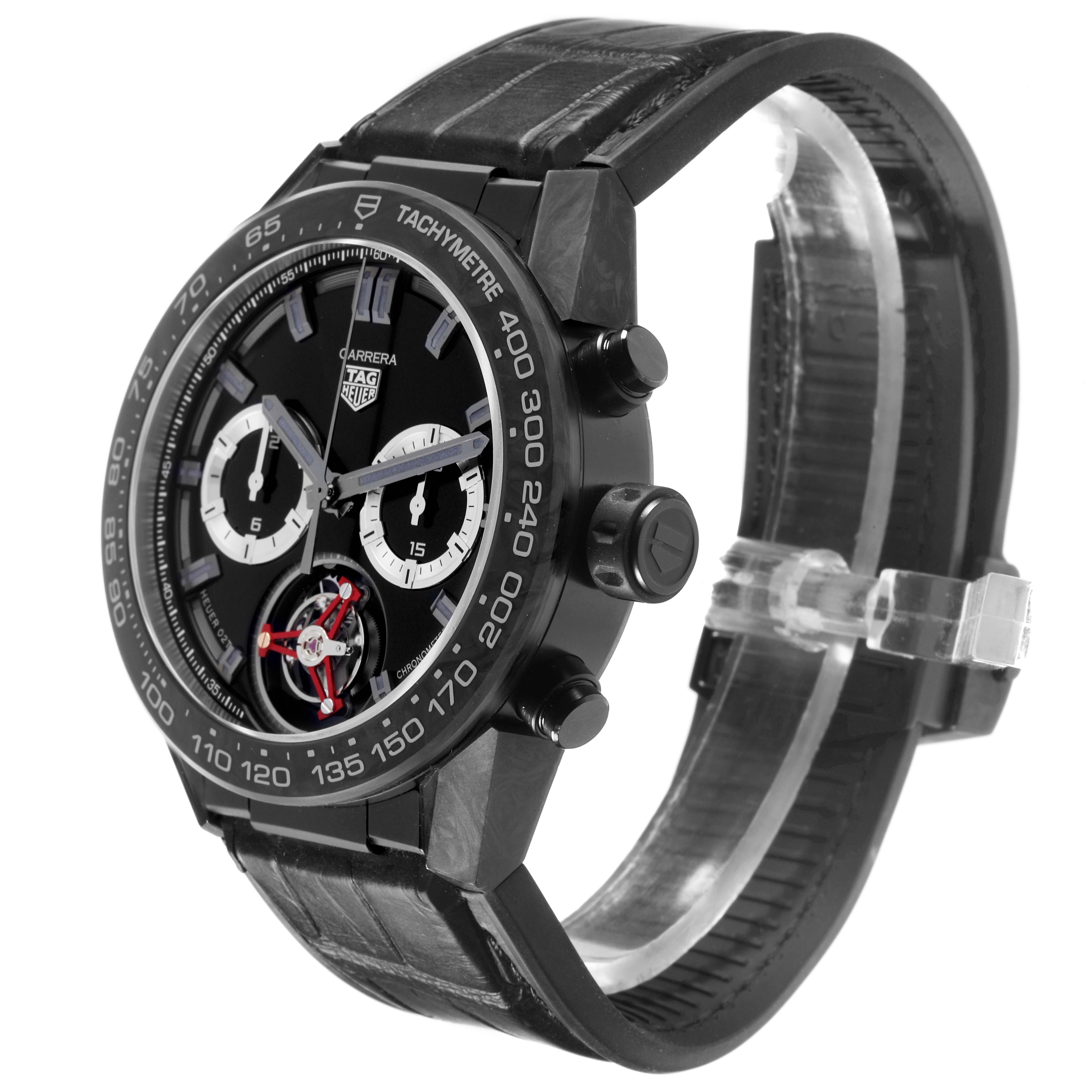 The Tag Heuer Carrera CAR5A8AD Mens Titanium Black Dial watch is shown at a three-quarter angle, highlighting the tachymeter bezel, sub-dials, and leather strap.