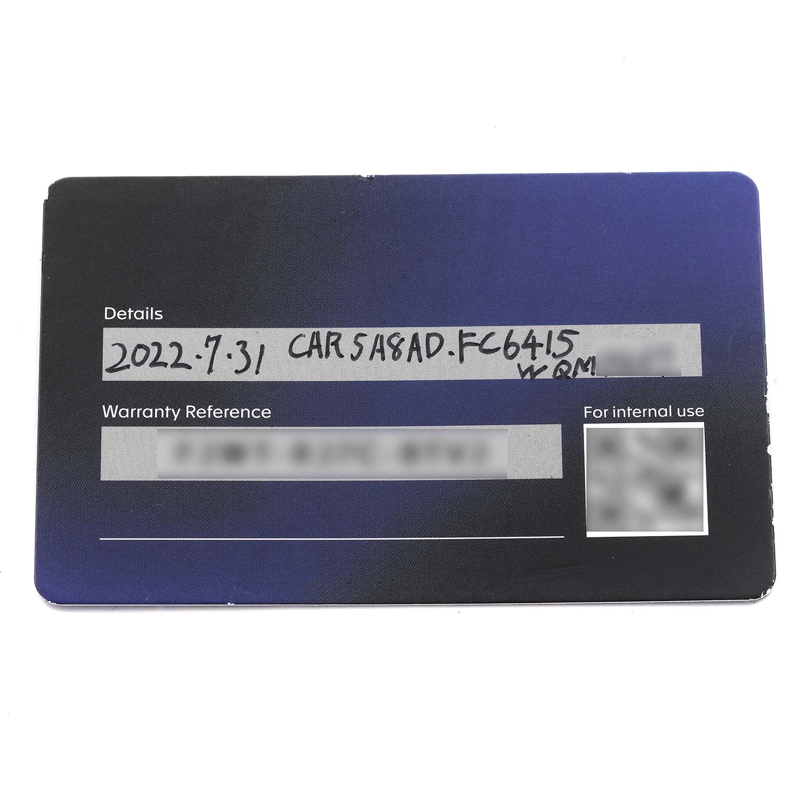 The image shows a warranty card for a Tag Heuer Carrera CAR5A8AD Mens Titanium Black Dial model with handwritten and printed details.