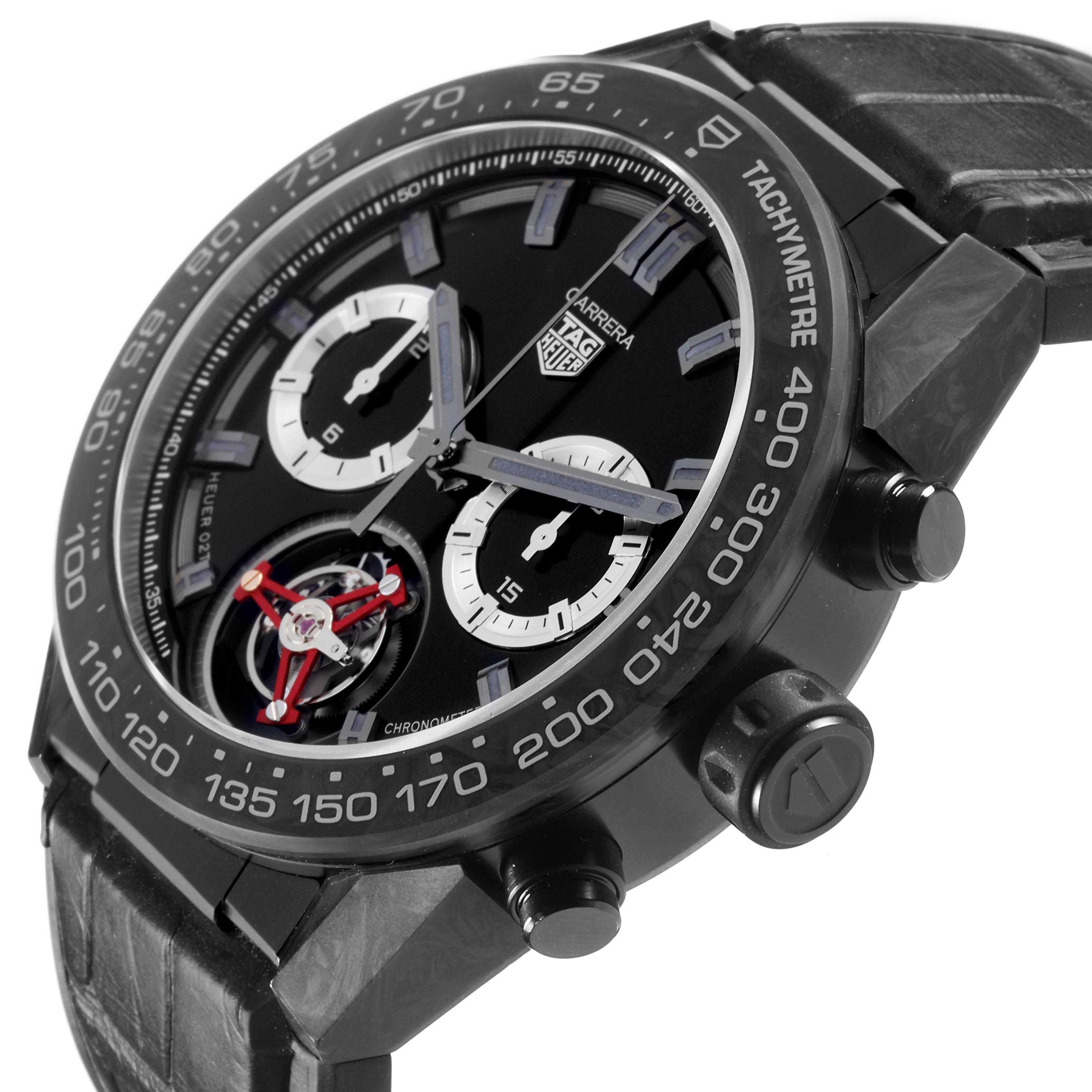 The Tag Heuer Carrera CAR5A8AD Mens Titanium Black Dial watch is shown at an angled side view, highlighting the tachymeter bezel, dial, and pushers.