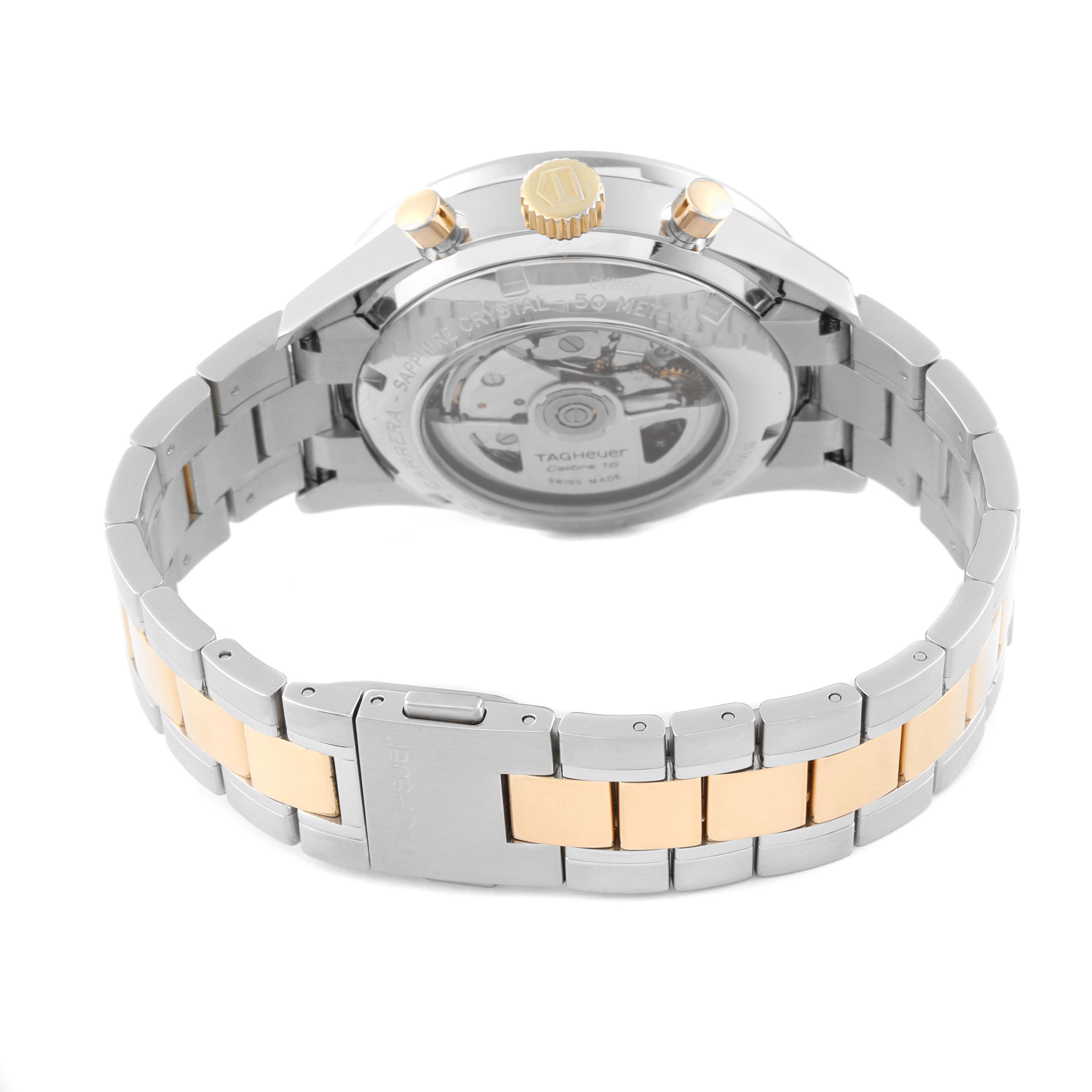 The Tag Heuer Carrera CV2050.BD0789 Men's Steel and Gold (two tone) Silver Dial CV2050.BD0789 Men's Steel and Gold (two tone) Silver Dial watch is shown from the back, highlighting the clasp, bracelet, and transparent case back.