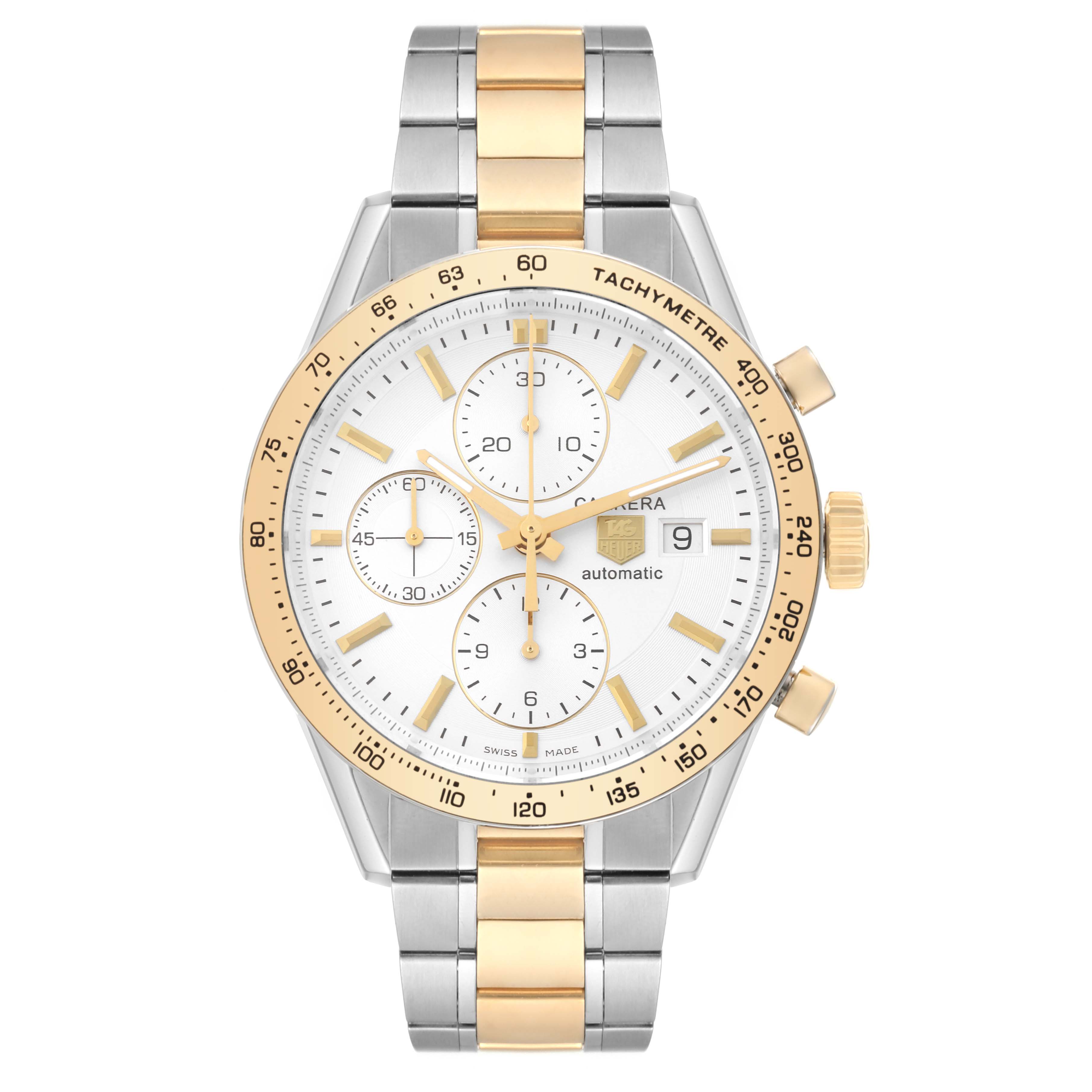 The Tag Heuer Carrera CV2050.BD0789 Men's Steel and Gold (two tone) Silver Dial CV2050.BD0789 Men's Steel and Gold (two tone) Silver Dial watch is shown from a front angle, featuring a dual-tone bracelet and tachymeter bezel.