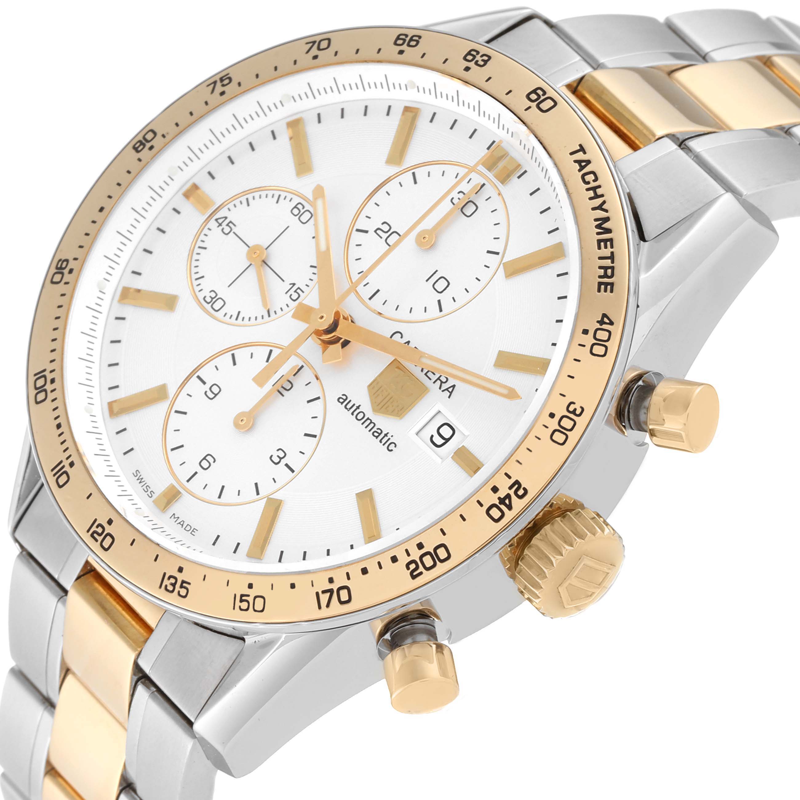 The image shows a close-up angle of a Tag Heuer Carrera CV2050.BD0789 Men's Steel and Gold (two tone) Silver Dial CV2050.BD0789 Men's Steel and Gold (two tone) Silver Dial watch, focusing on its face, bezel, crown, and part of the bracelet.