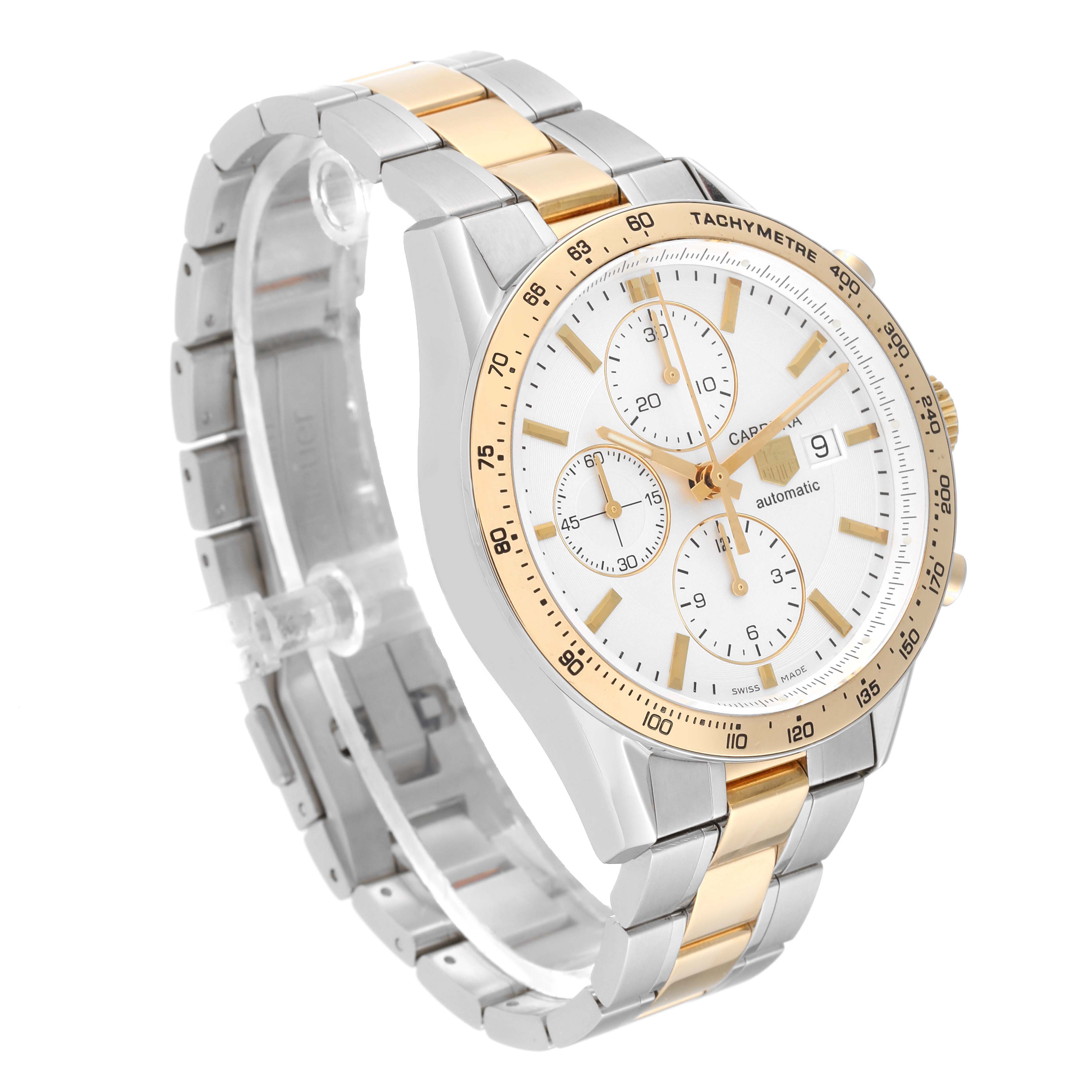 The Tag Heuer Carrera CV2050.BD0789 Men's Steel and Gold (two tone) Silver Dial CV2050.BD0789 Men's Steel and Gold (two tone) Silver Dial watch is shown at an angle displaying the face, tachymeter bezel, and two-tone bracelet.