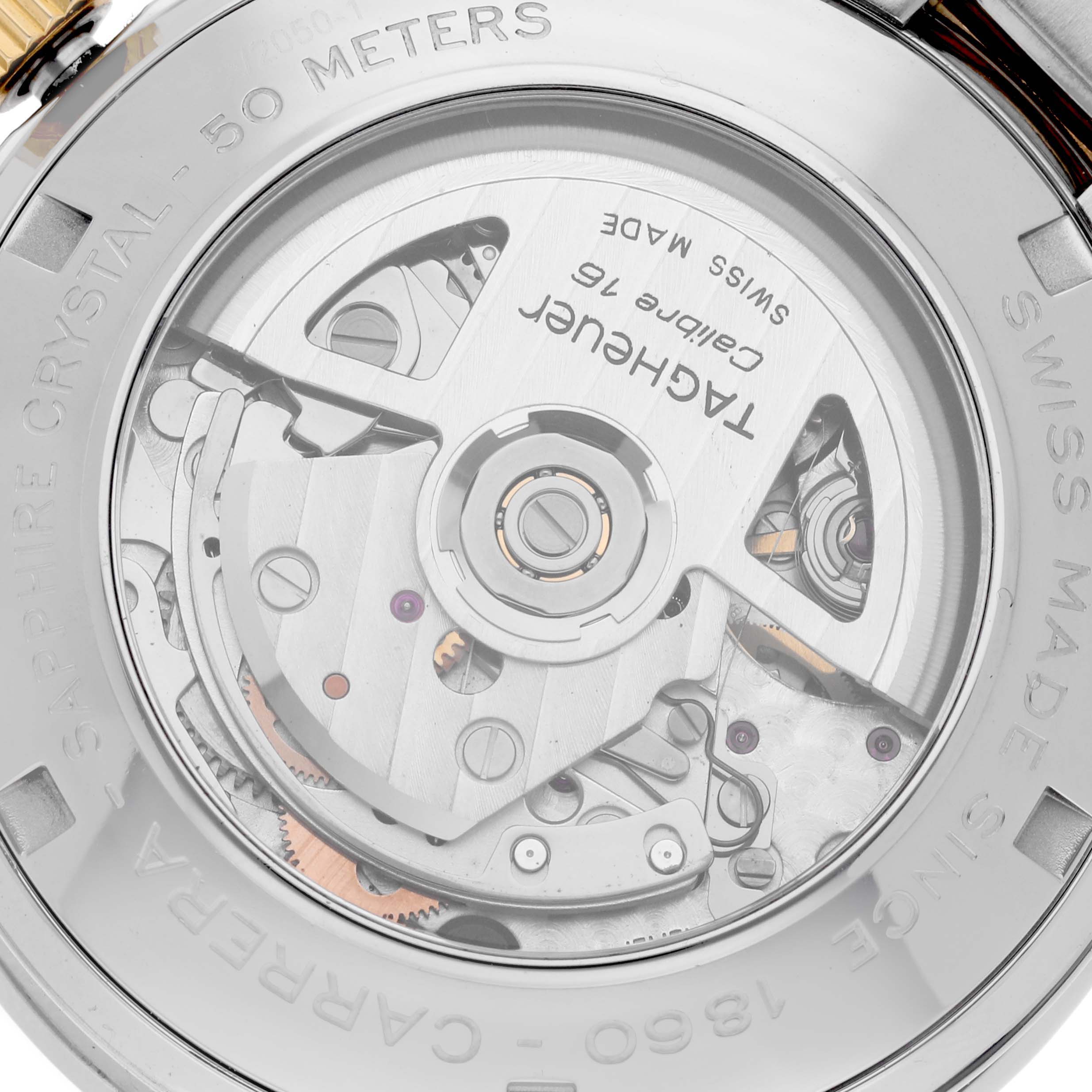 The image shows a close-up of the back view of the Tag Heuer Carrera CV2050.BD0789 Men's Steel and Gold (two tone) Silver Dial CV2050.BD0789 Men's Steel and Gold (two tone) Silver Dial watch, highlighting its Calibre 16 movement mechanism.