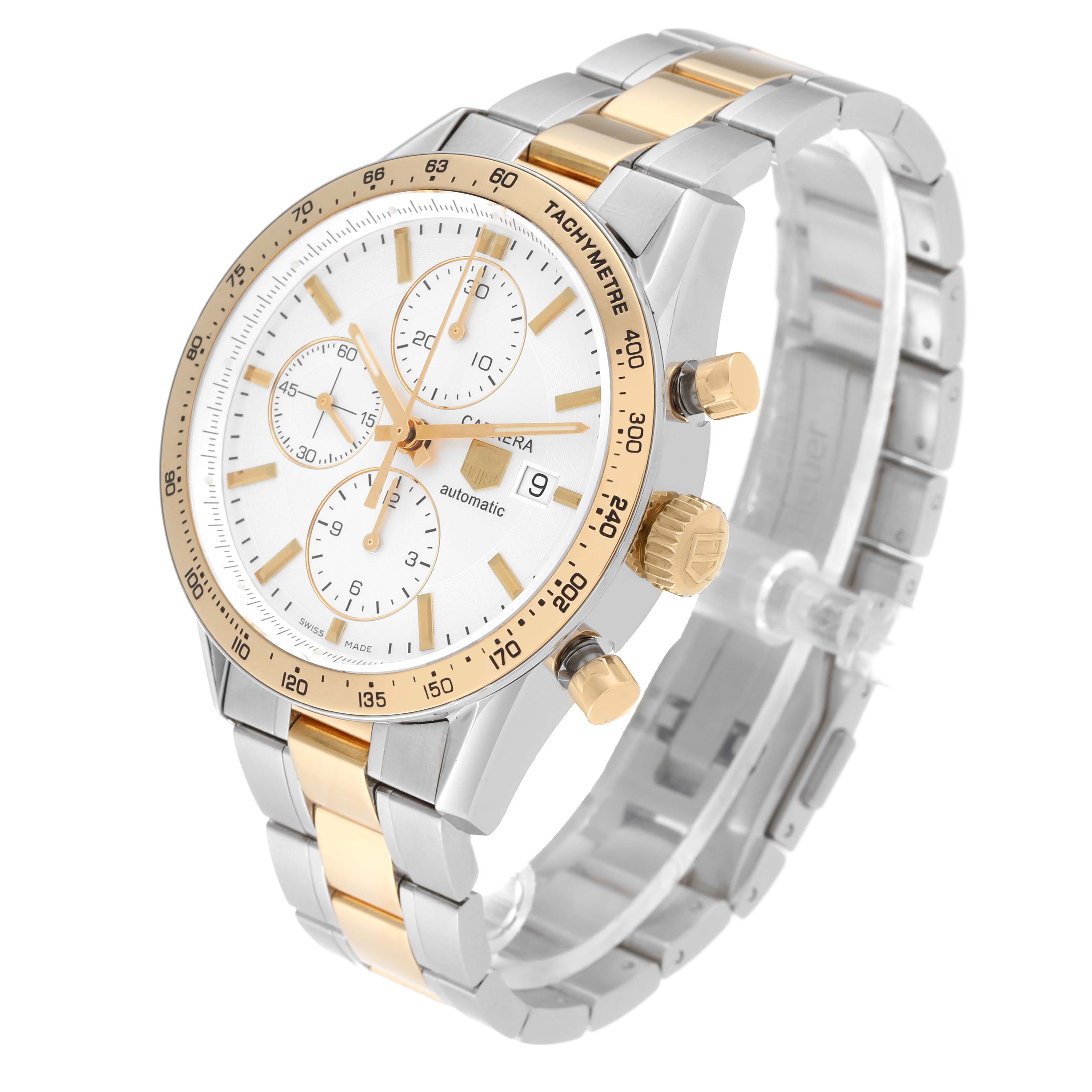 The image shows a gold and silver Tag Heuer Carrera CV2050.BD0789 Men's Steel and Gold (two tone) Silver Dial CV2050.BD0789 Men's Steel and Gold (two tone) Silver Dial watch at a three-quarter angle, highlighting the face, bezel, and wristband.