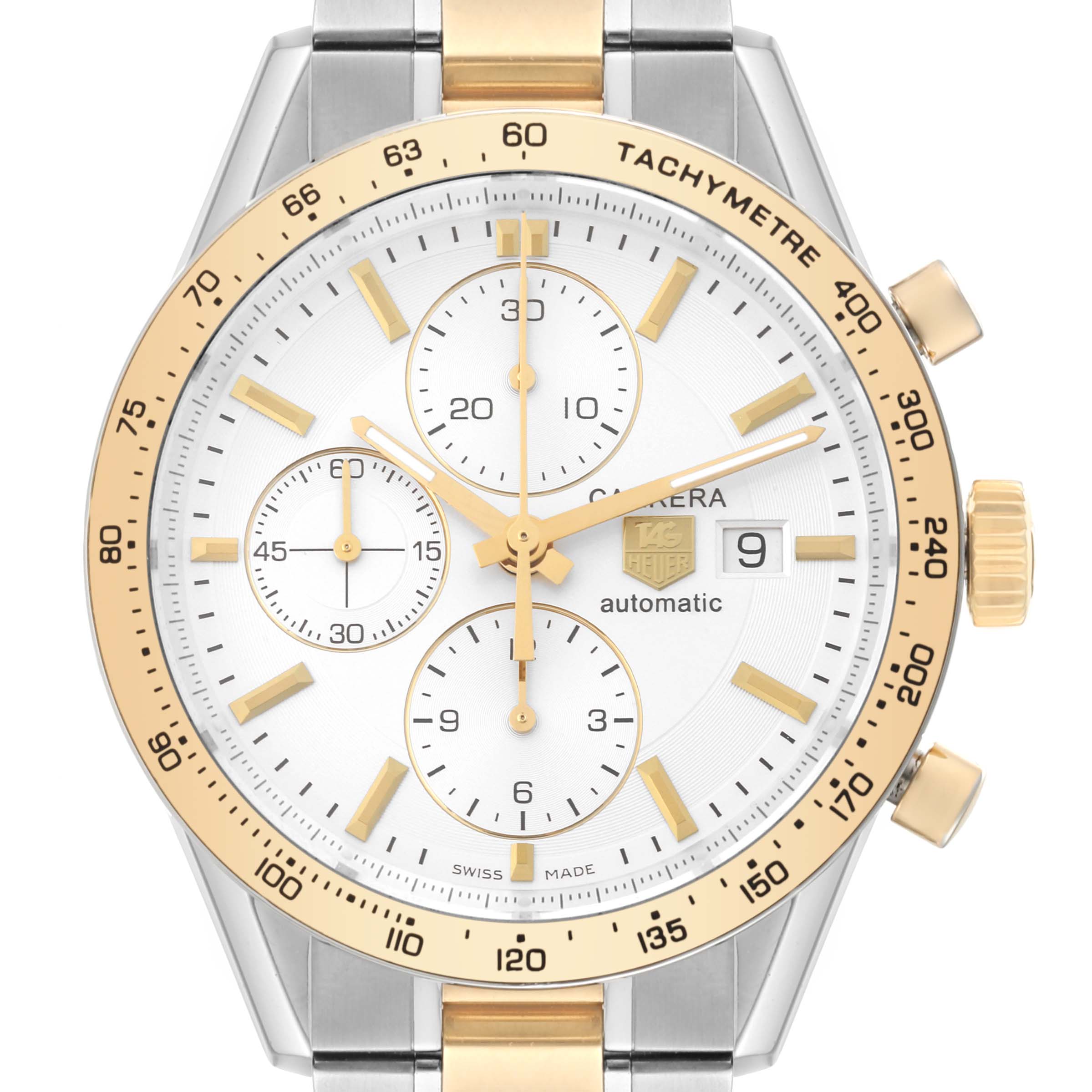 The image depicts a close-up, front-facing view of a Tag Heuer Carrera CV2050.BD0789 Men's Steel and Gold (two tone) Silver Dial CV2050.BD0789 Men's Steel and Gold (two tone) Silver Dial watch showing its dial, hands, subdials, and tachymeter bezel.