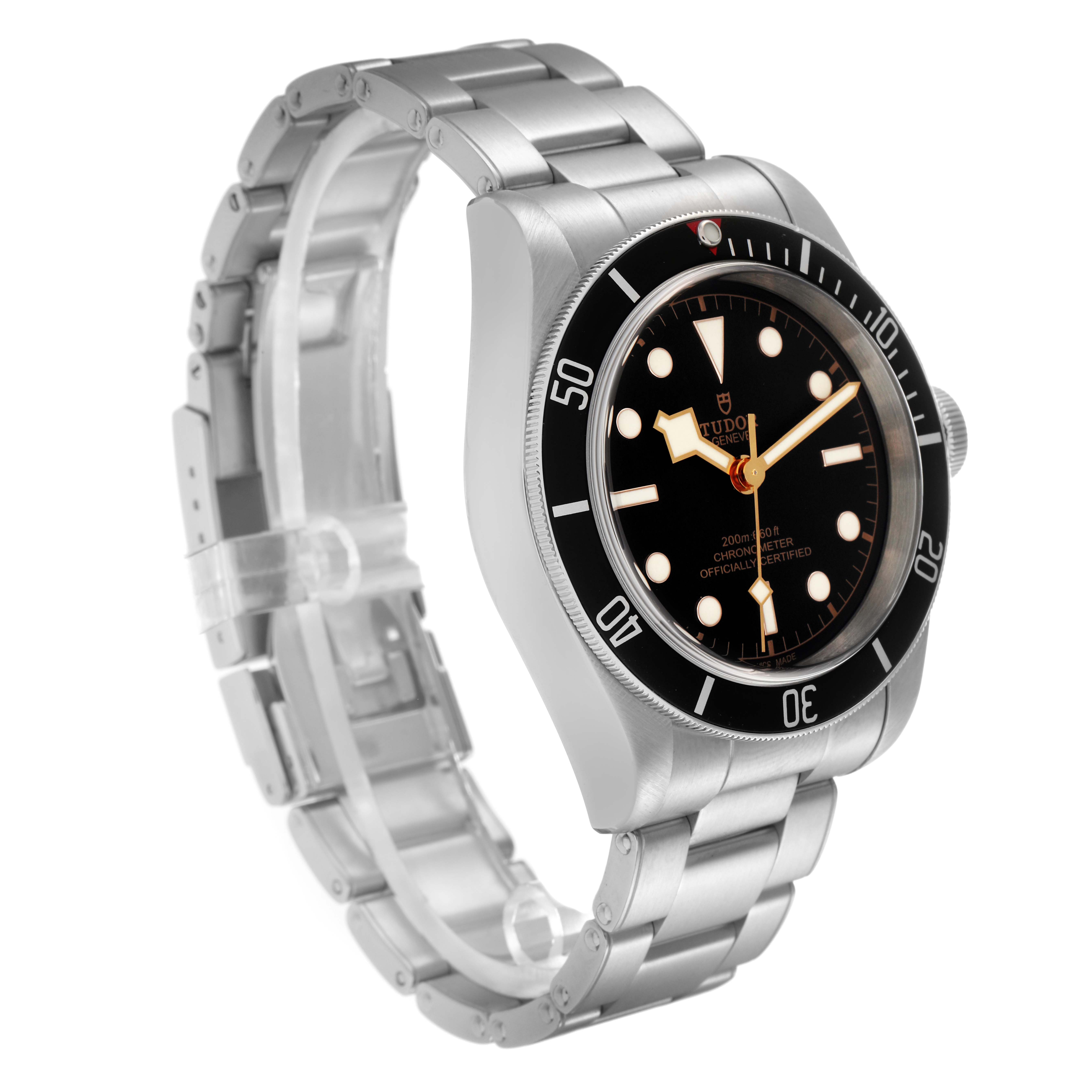 The Tudor Heritage Black Bay M79230N-0002 Men
s Stainless Steel Black Dial M79230N-0002 Men
s Stainless Steel Black Dial watch is shown at a three-quarter angle, highlighting its bezel, dial, bracelet, and crown.