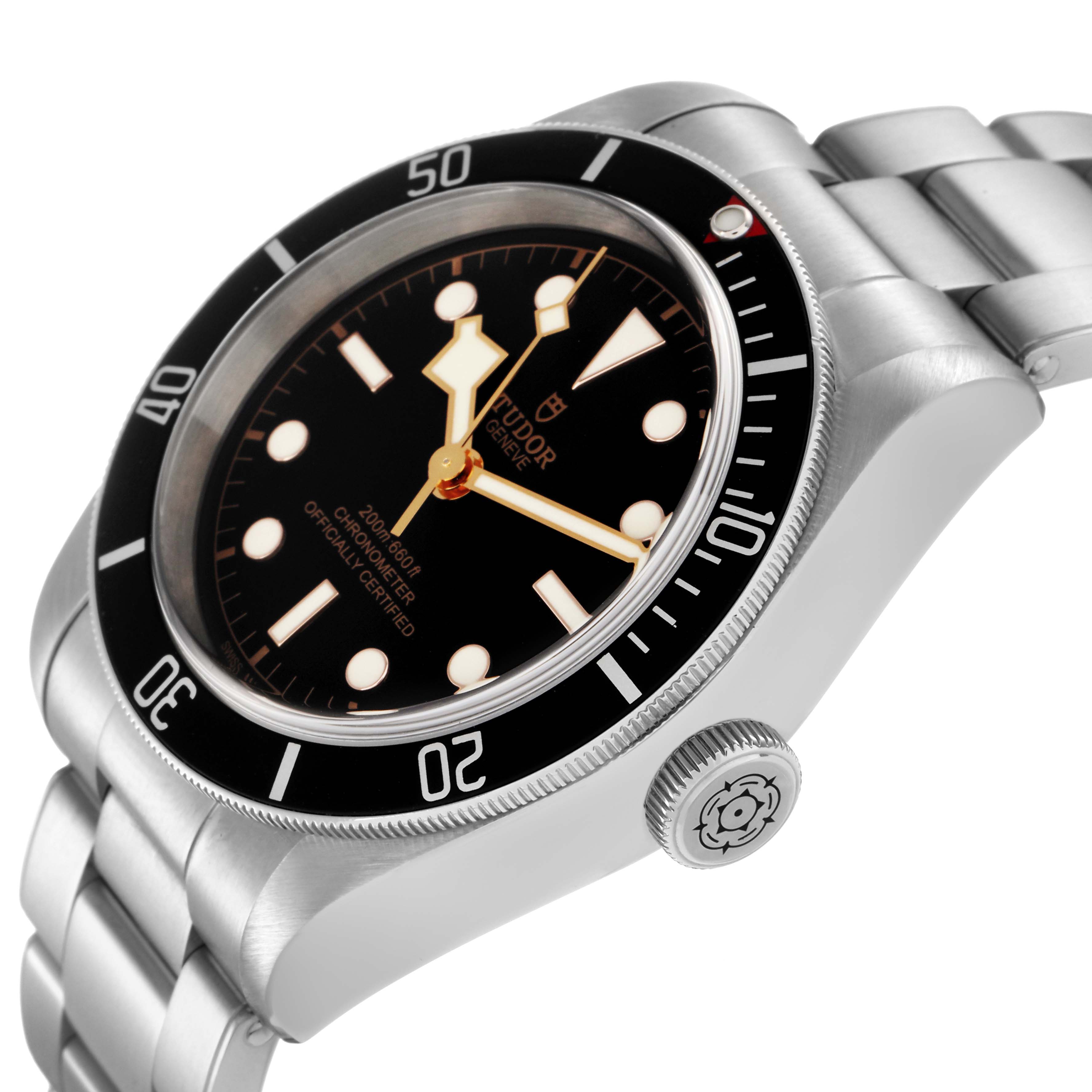 The Tudor Heritage Black Bay M79230N-0002 Men
s Stainless Steel Black Dial M79230N-0002 Men
s Stainless Steel Black Dial watch is shown at an angled side view, highlighting the bezel, face, crown, and bracelet.