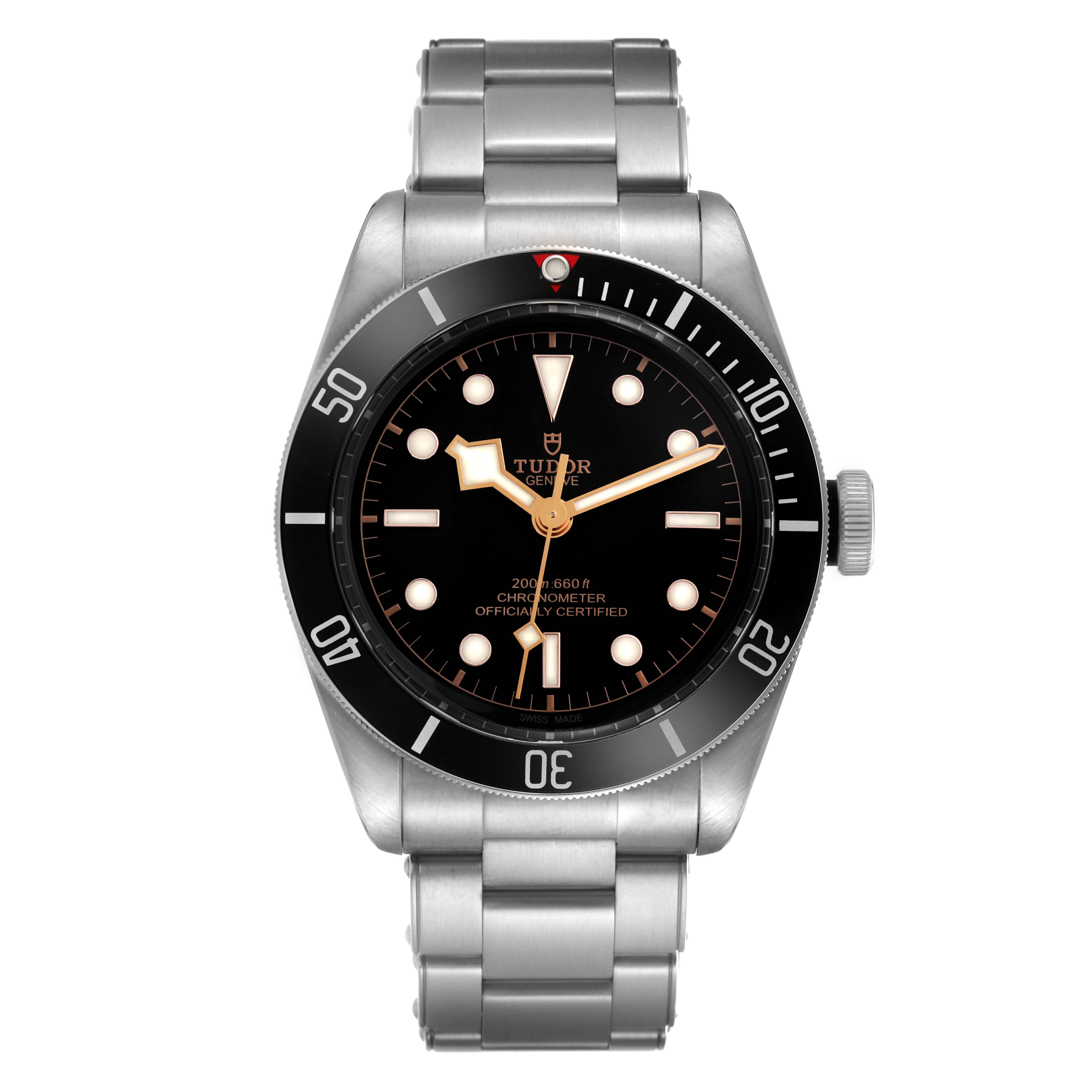 The Tudor Heritage Black Bay M79230N-0002 Men
s Stainless Steel Black Dial M79230N-0002 Men
s Stainless Steel Black Dial watch is shown from a frontal angle, featuring the dial, bezel, crown, and bracelet.