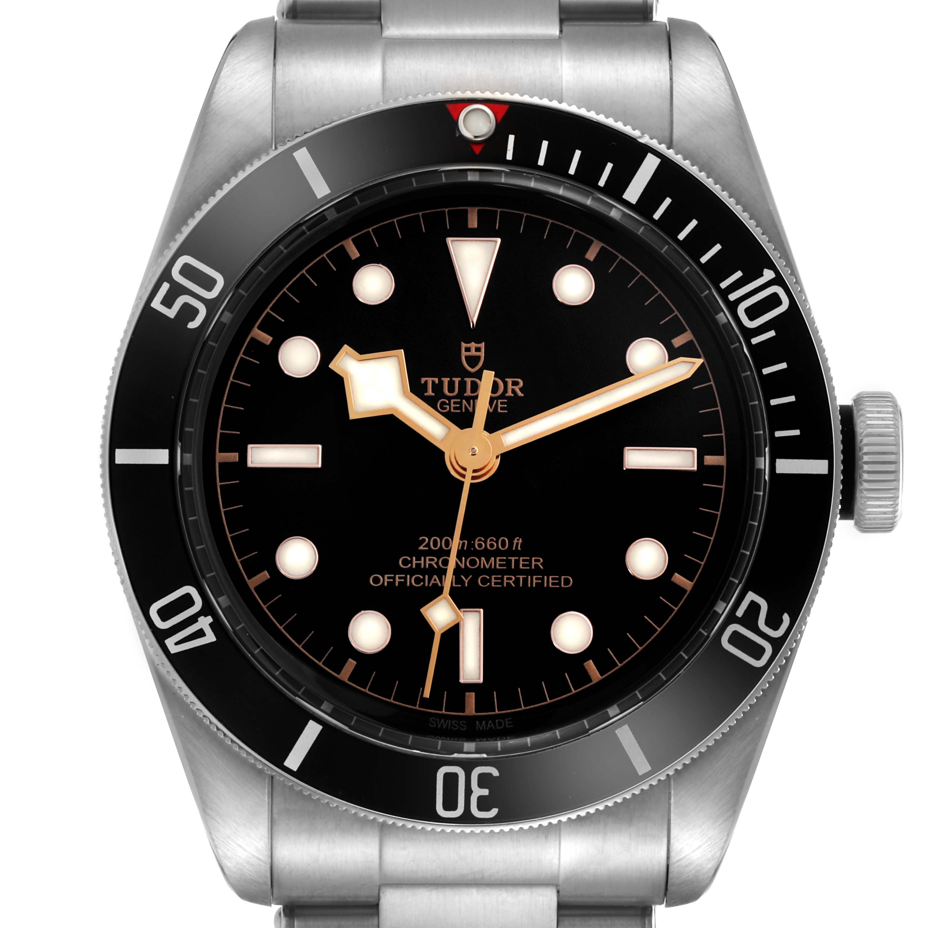 The Tudor Heritage Black Bay M79230N-0002 Men
s Stainless Steel Black Dial M79230N-0002 Men
s Stainless Steel Black Dial watch is shown from the front, highlighting the dial, bezel, crown, and bracelet.