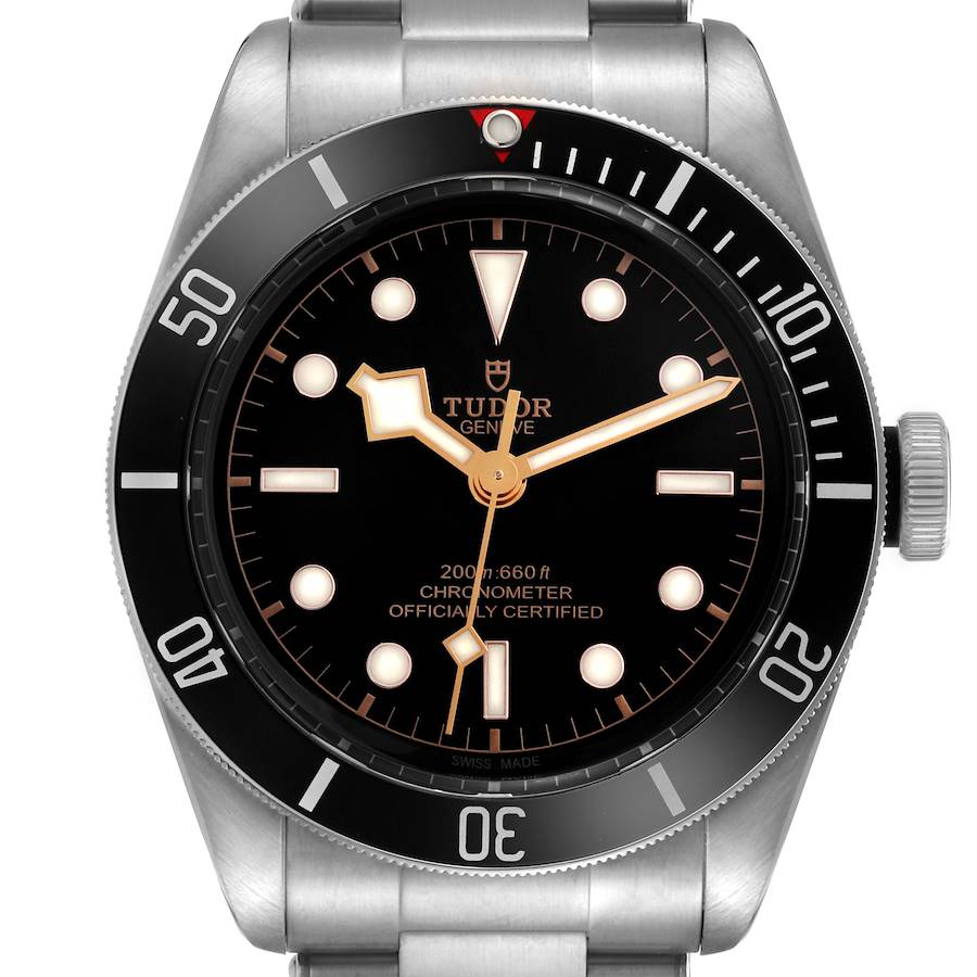 The Tudor Heritage Black Bay watch is shown from the front, highlighting the dial, bezel, crown, and bracelet.