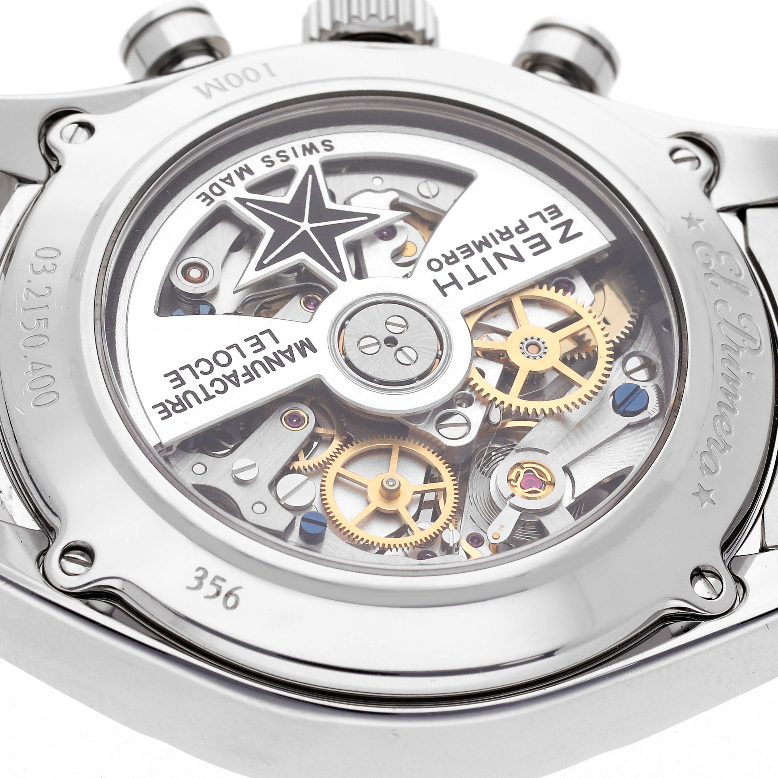 The image shows the back of the Zenith Chronomaster 03.2150.400/53.C700 Men
s Stainless Steel Blue Dial 03.2150.400/53.C700 Men
s Stainless Steel Blue Dial, displaying its visible movement and intricate gears.