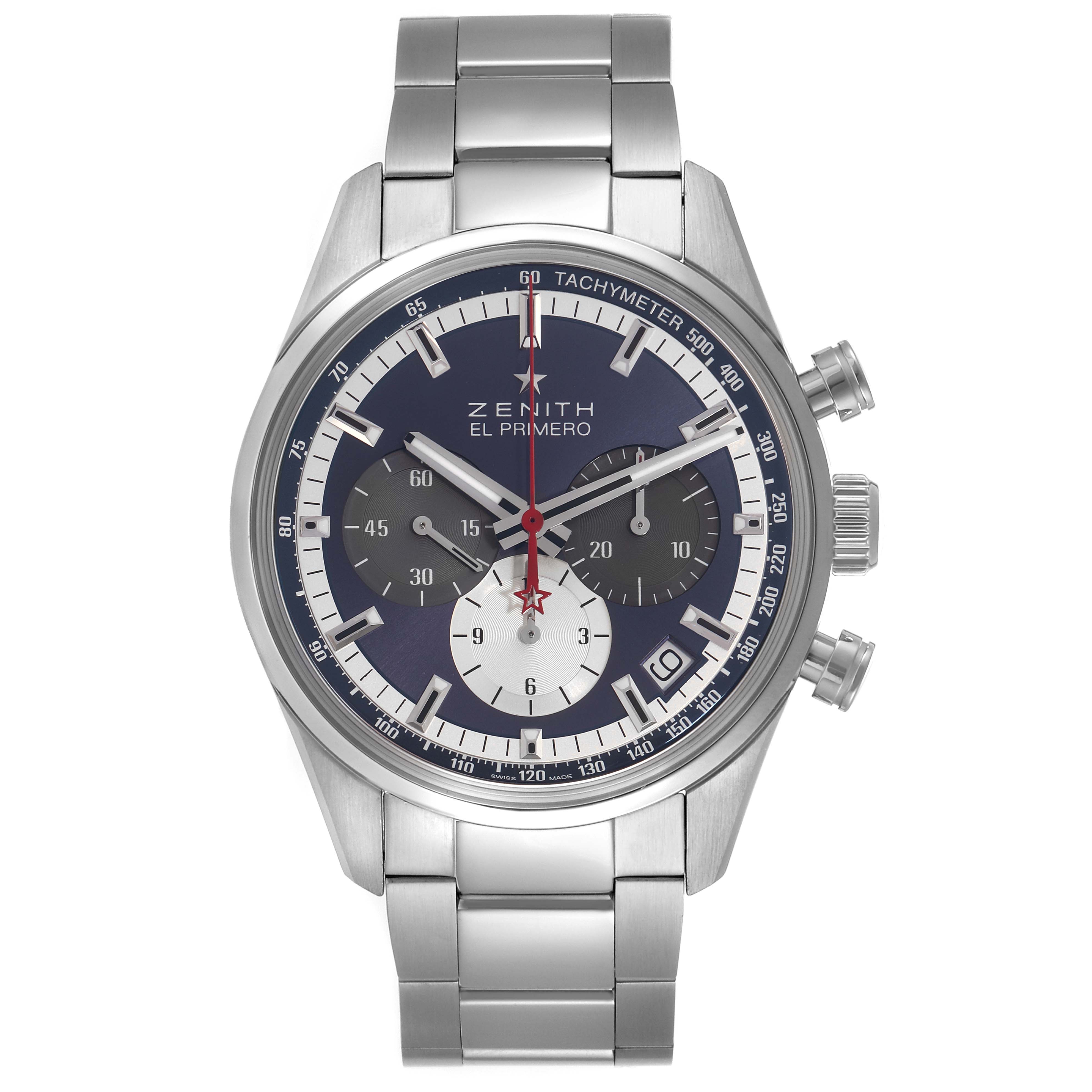 The Zenith Chronomaster 03.2150.400/53.C700 Men
s Stainless Steel Blue Dial 03.2150.400/53.C700 Men
s Stainless Steel Blue Dial watch is shown from a front angle, highlighting the dial, subdials, and metal bracelet.