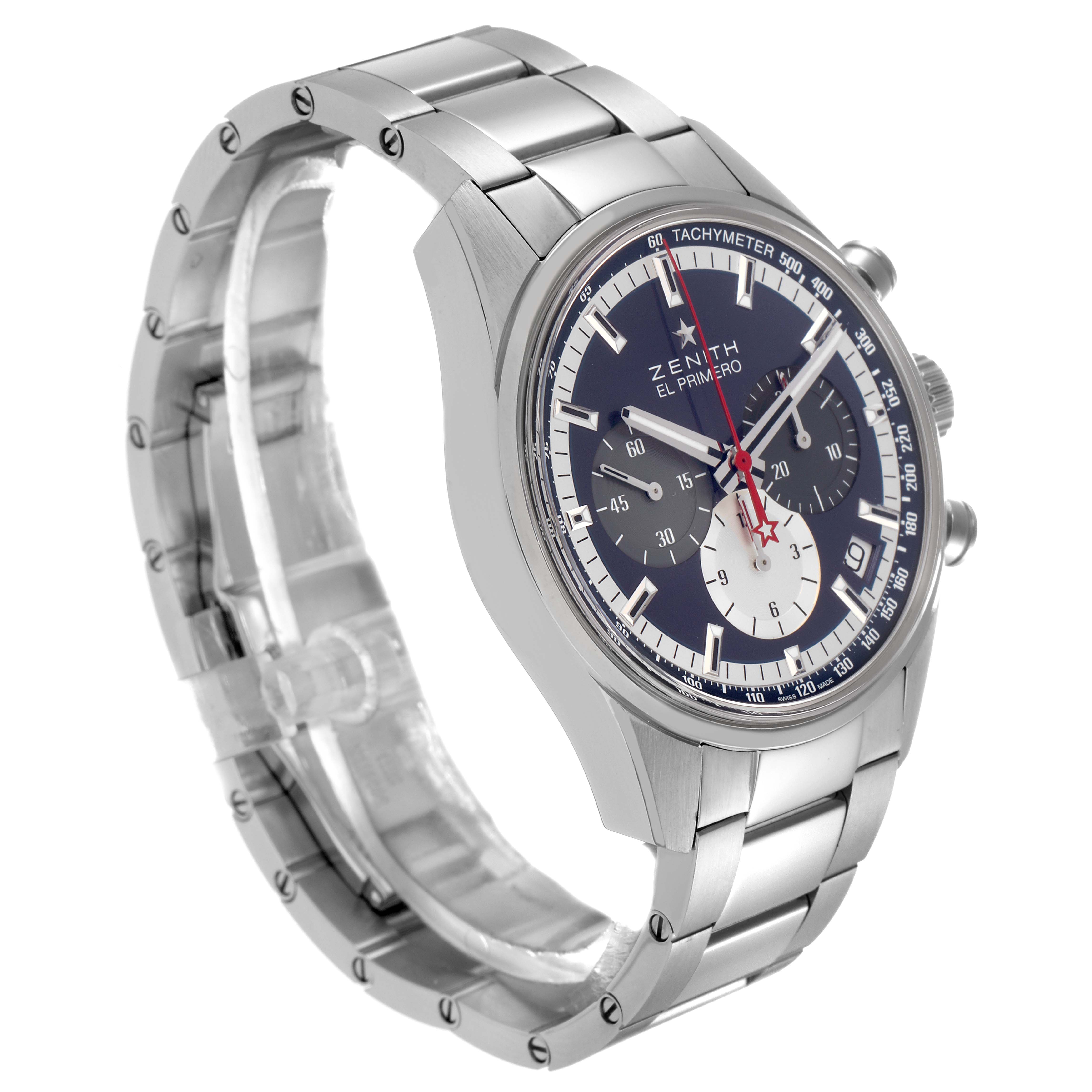 The Zenith Chronomaster 03.2150.400/53.C700 Men
s Stainless Steel Blue Dial 03.2150.400/53.C700 Men
s Stainless Steel Blue Dial watch is shown at a slight angle, displaying the face, bracelet, and side profile.