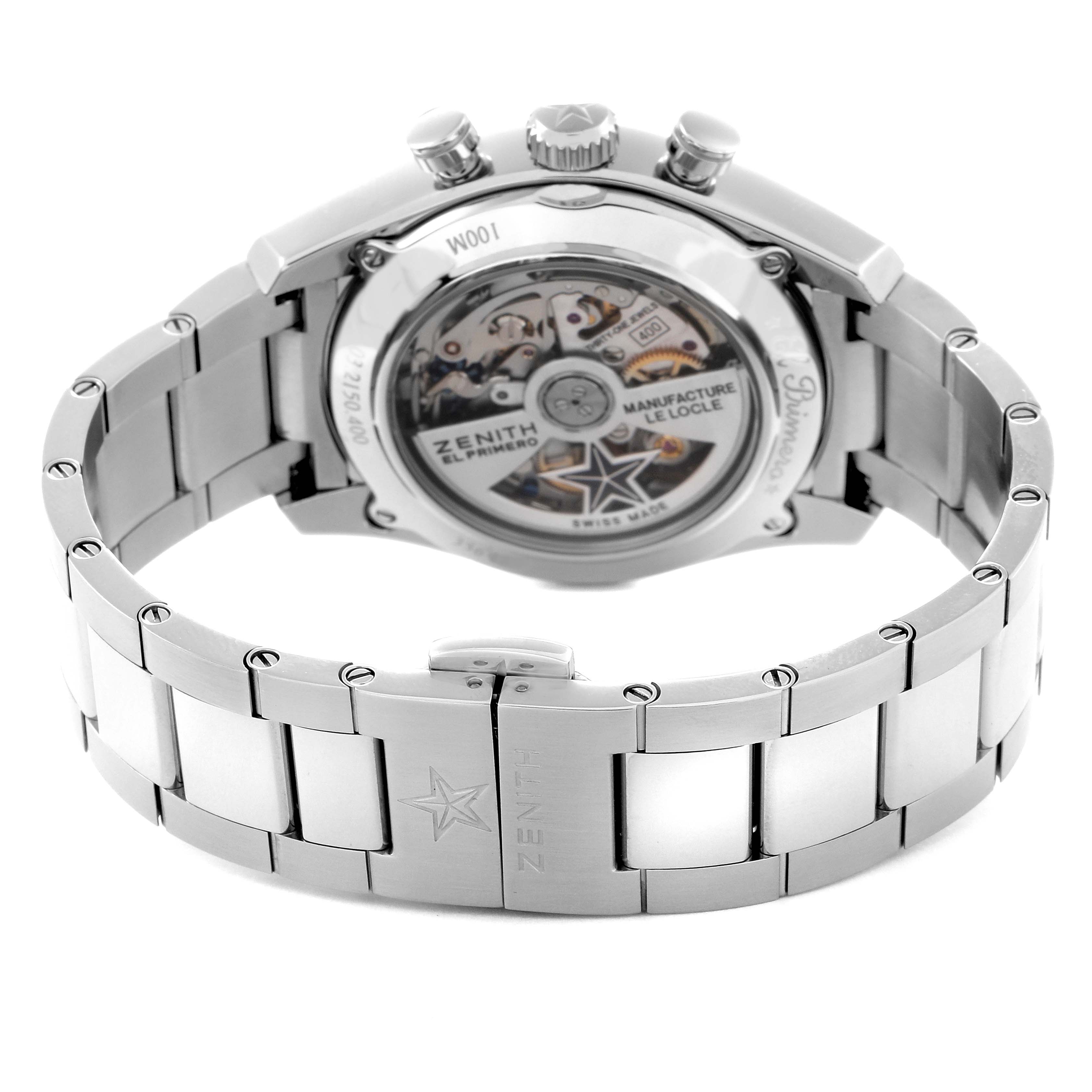 The image shows the back and bracelet of the Zenith Chronomaster 03.2150.400/53.C700 Men
s Stainless Steel Blue Dial 03.2150.400/53.C700 Men
s Stainless Steel Blue Dial, highlighting the movement through the transparent case back.