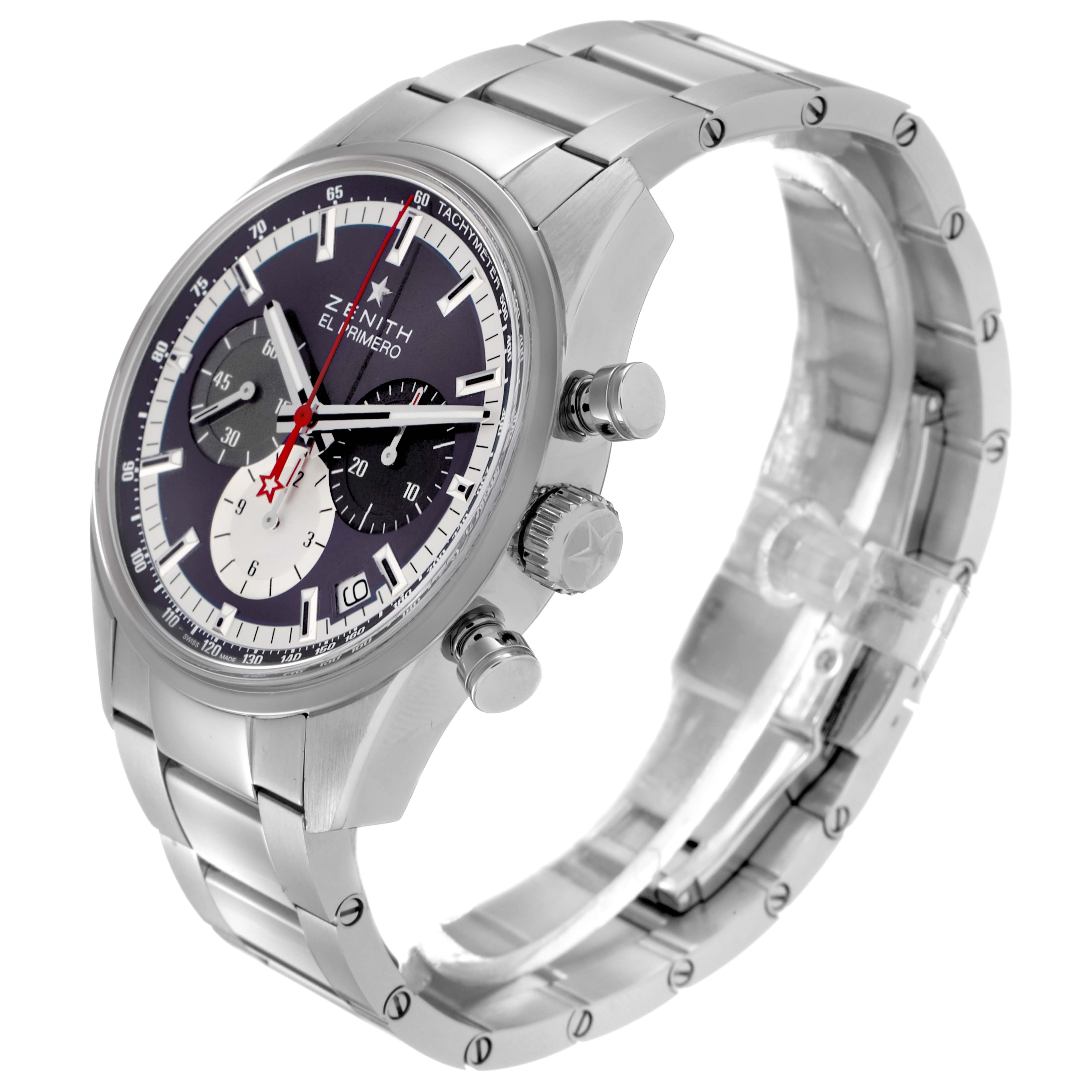 The Zenith Chronomaster 03.2150.400/53.C700 Men
s Stainless Steel Blue Dial 03.2150.400/53.C700 Men
s Stainless Steel Blue Dial watch is shown at a three-quarter angle, highlighting the face, bezel, crown, pushers, and bracelet.