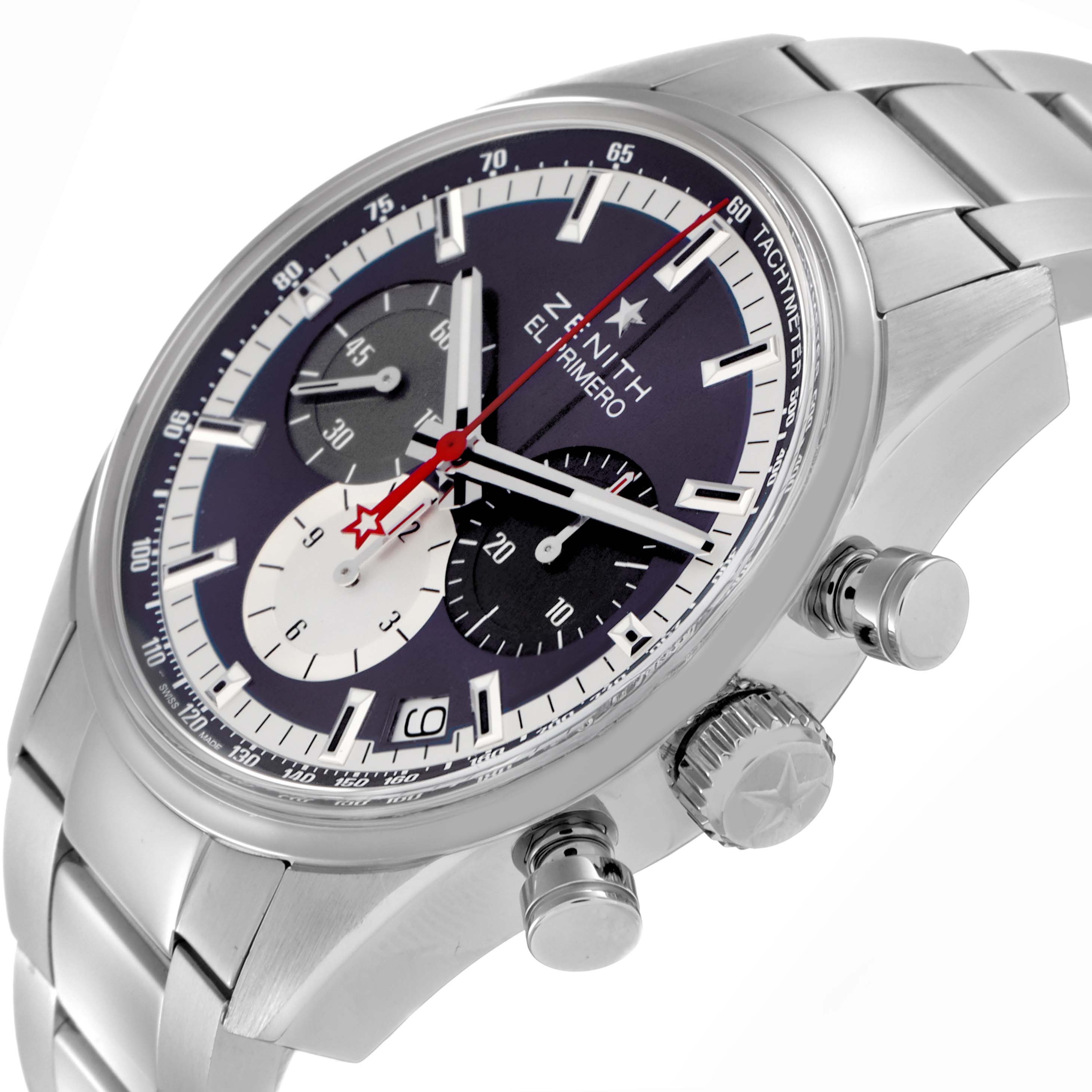 The Zenith Chronomaster 03.2150.400/53.C700 Men
s Stainless Steel Blue Dial 03.2150.400/53.C700 Men
s Stainless Steel Blue Dial watch is shown at a three-quarter angle, highlighting the dial, crown, pushers, and part of the bracelet.