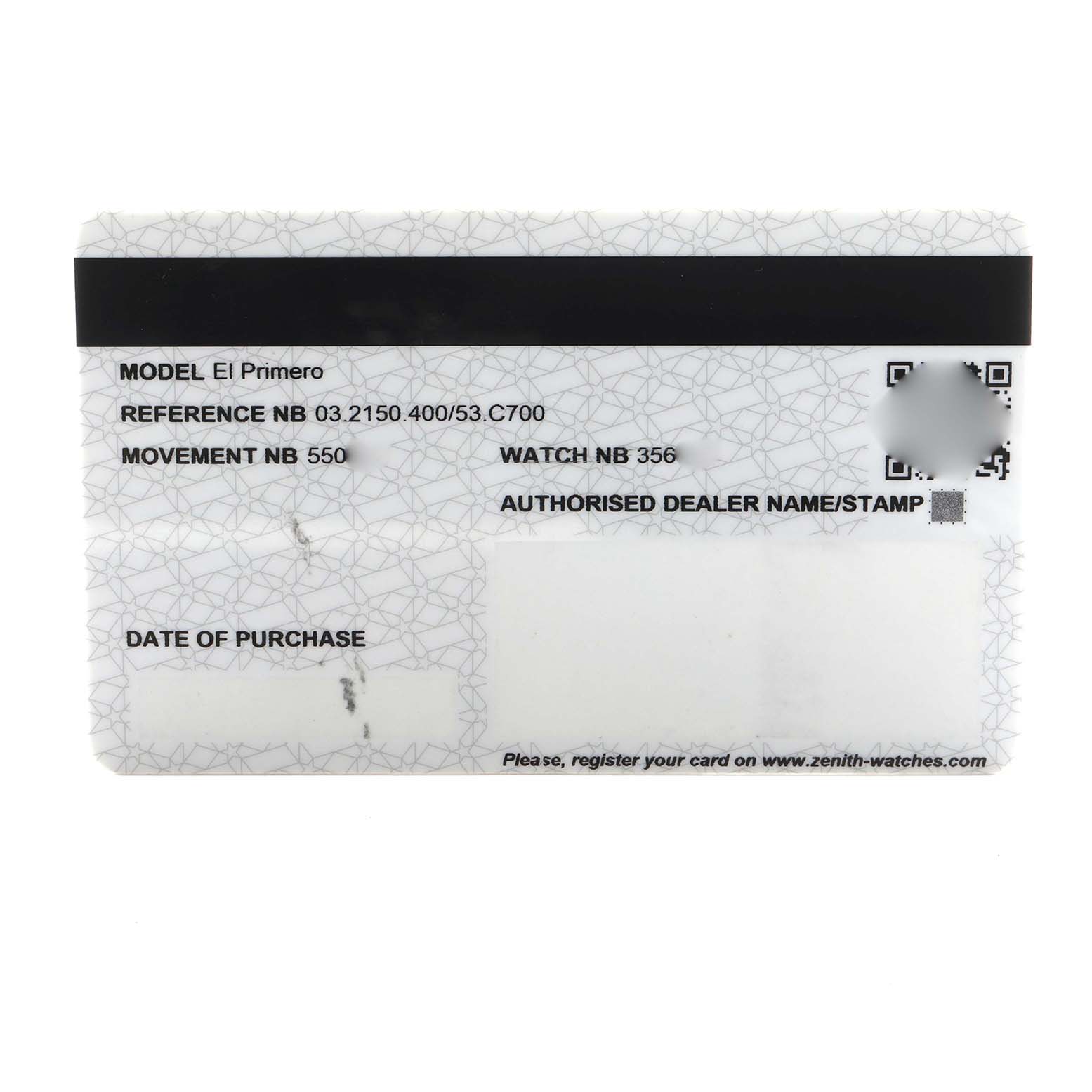 This image shows a registration card for the Zenith Chronomaster 03.2150.400/53.C700 Men
s Stainless Steel Blue Dial 03.2150.400/53.C700 Men
s Stainless Steel Blue Dial El Primero, with reference and movement numbers visible.