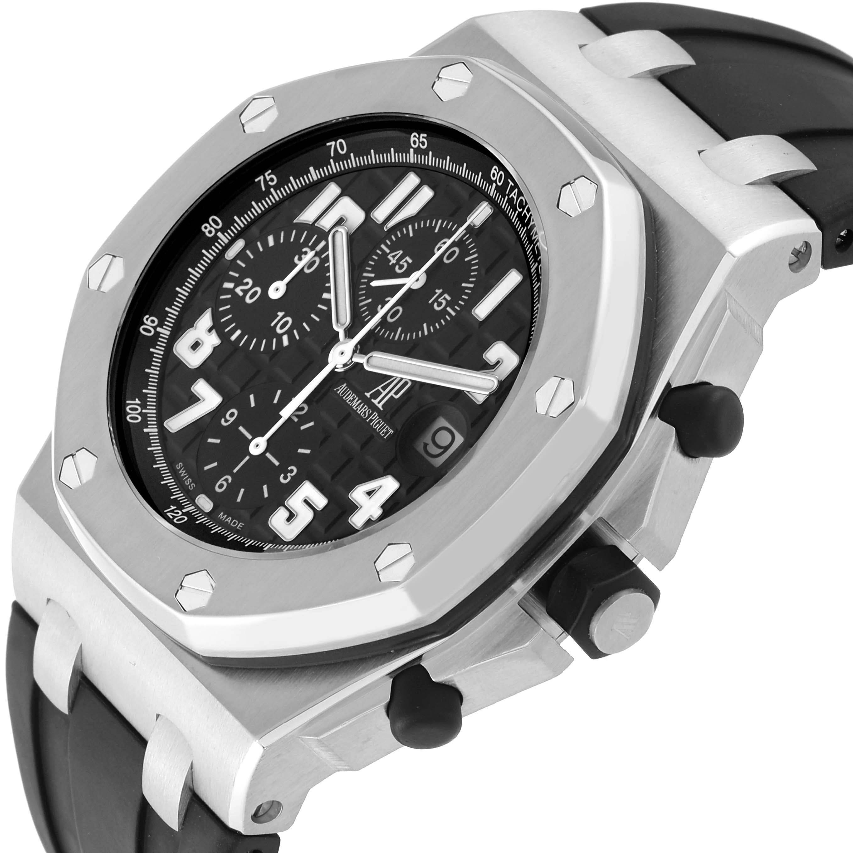 The image shows a close-up angle of the face and side view of the Audemars Piguet Royal Oak Offshore 26170ST.OO.D101CR.03 Men's Stainless Steel Black Dial 26170ST.OO.D101CR.03 Men's Stainless Steel Black Dial watch, highlighting its bezel, dial, and buttons.