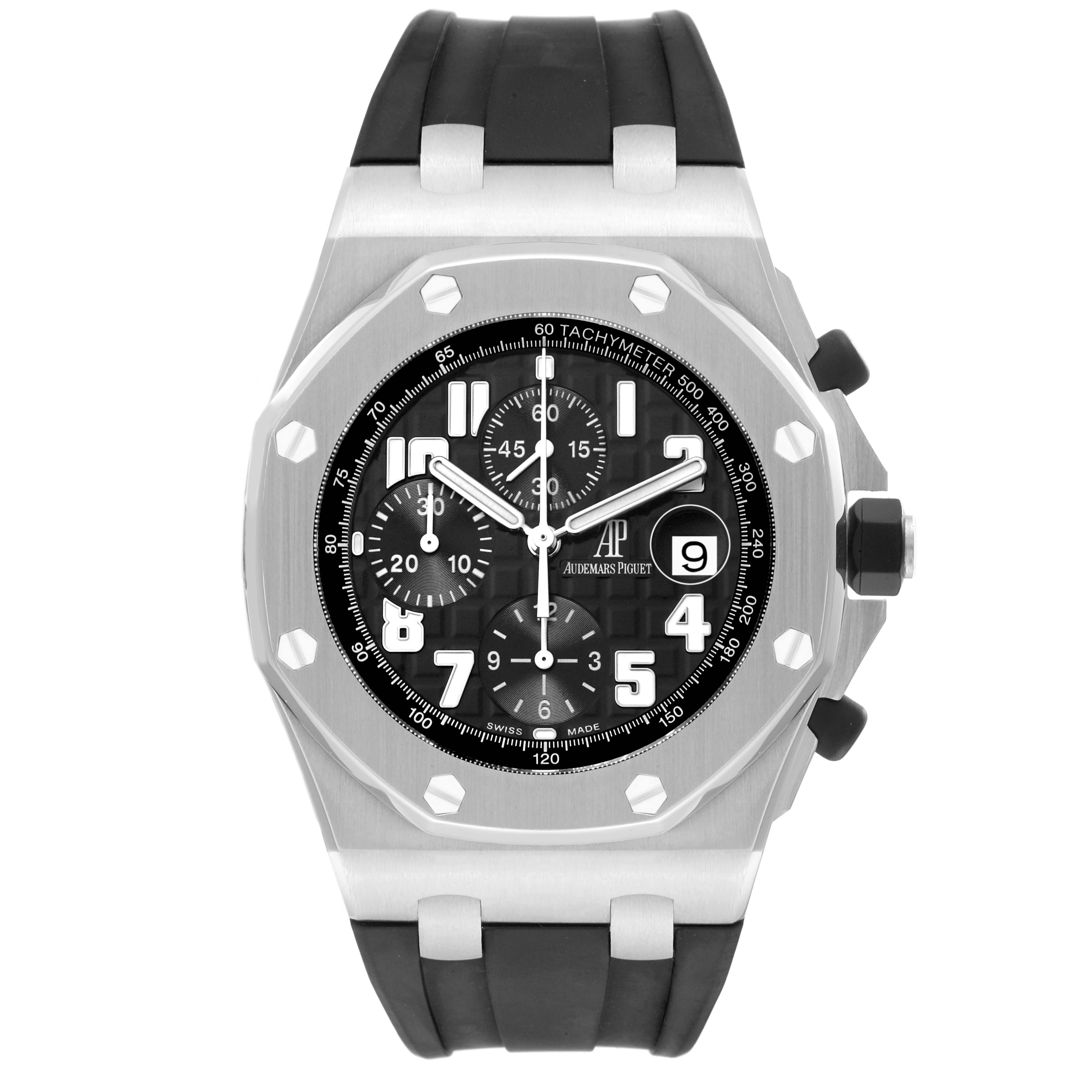 The image shows a front angle view of the Audemars Piguet Royal Oak Offshore 26170ST.OO.D101CR.03 Men's Stainless Steel Black Dial 26170ST.OO.D101CR.03 Men's Stainless Steel Black Dial watch, highlighting its case, dial, and strap.
