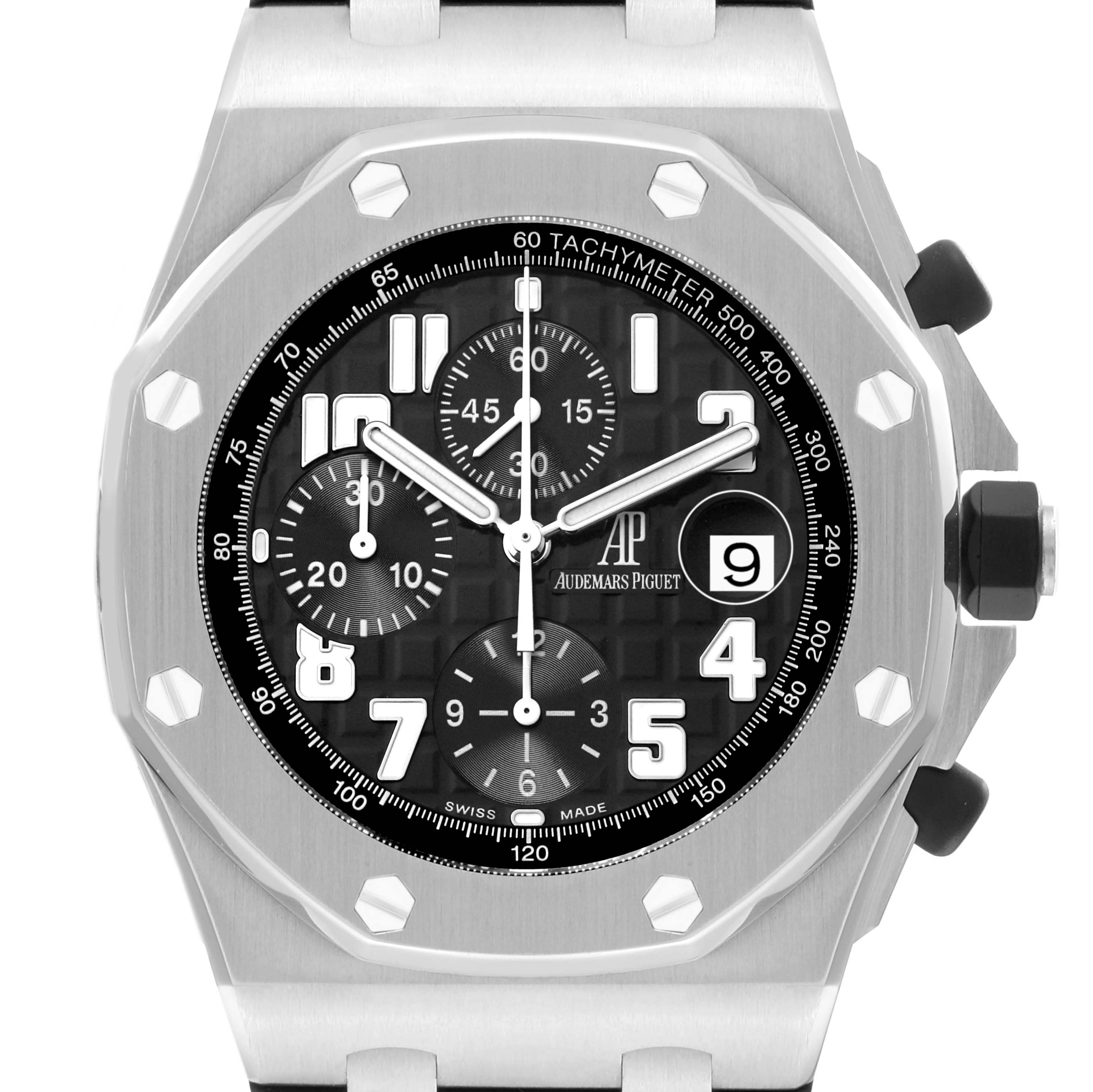 The image shows a frontal view of an Audemars Piguet Royal Oak Offshore 26170ST.OO.D101CR.03 Men's Stainless Steel Black Dial 26170ST.OO.D101CR.03 Men's Stainless Steel Black Dial watch highlighting its dial, bezel, and subdials.