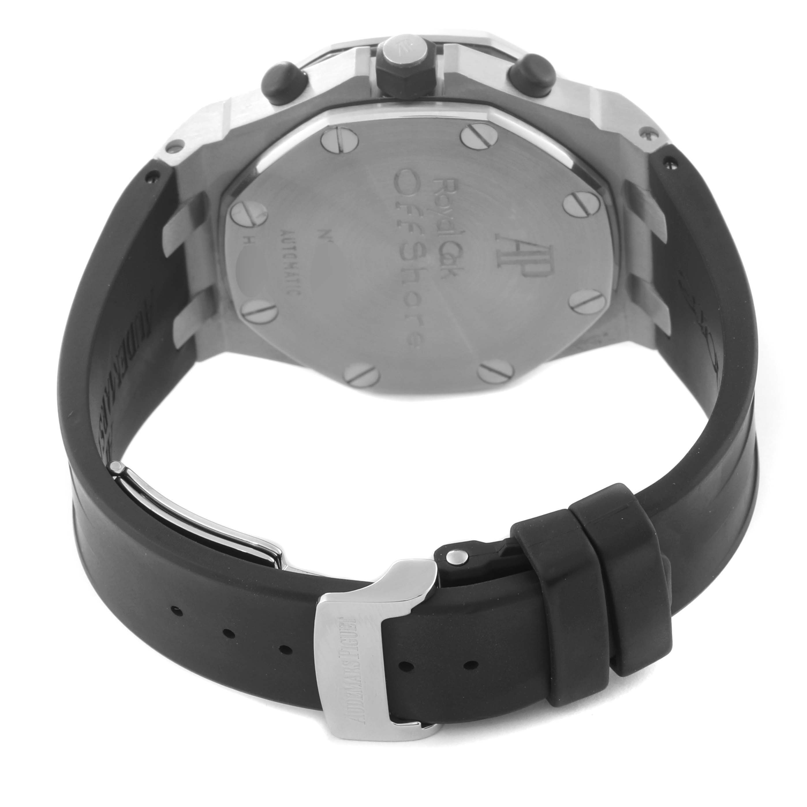 This image shows the back view of the Audemars Piguet Royal Oak Offshore 26170ST.OO.D101CR.03 Men's Stainless Steel Black Dial 26170ST.OO.D101CR.03 Men's Stainless Steel Black Dial watch, focusing on the case back, strap, and buckle.