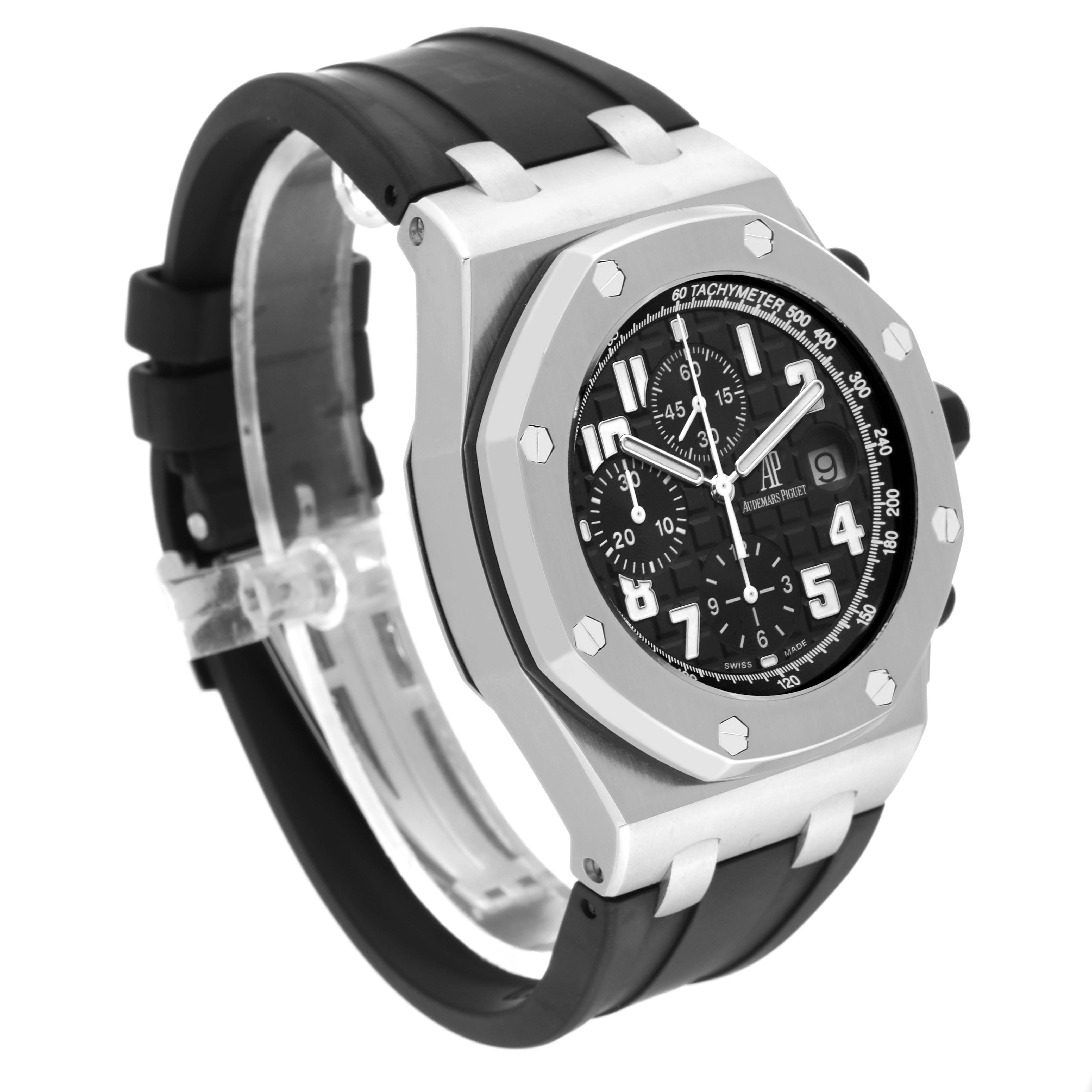 This image shows a side and front view of the Audemars Piguet Royal Oak Offshore 26170ST.OO.D101CR.03 Men's Stainless Steel Black Dial 26170ST.OO.D101CR.03 Men's Stainless Steel Black Dial watch, highlighting the black strap, bezel, and dial.