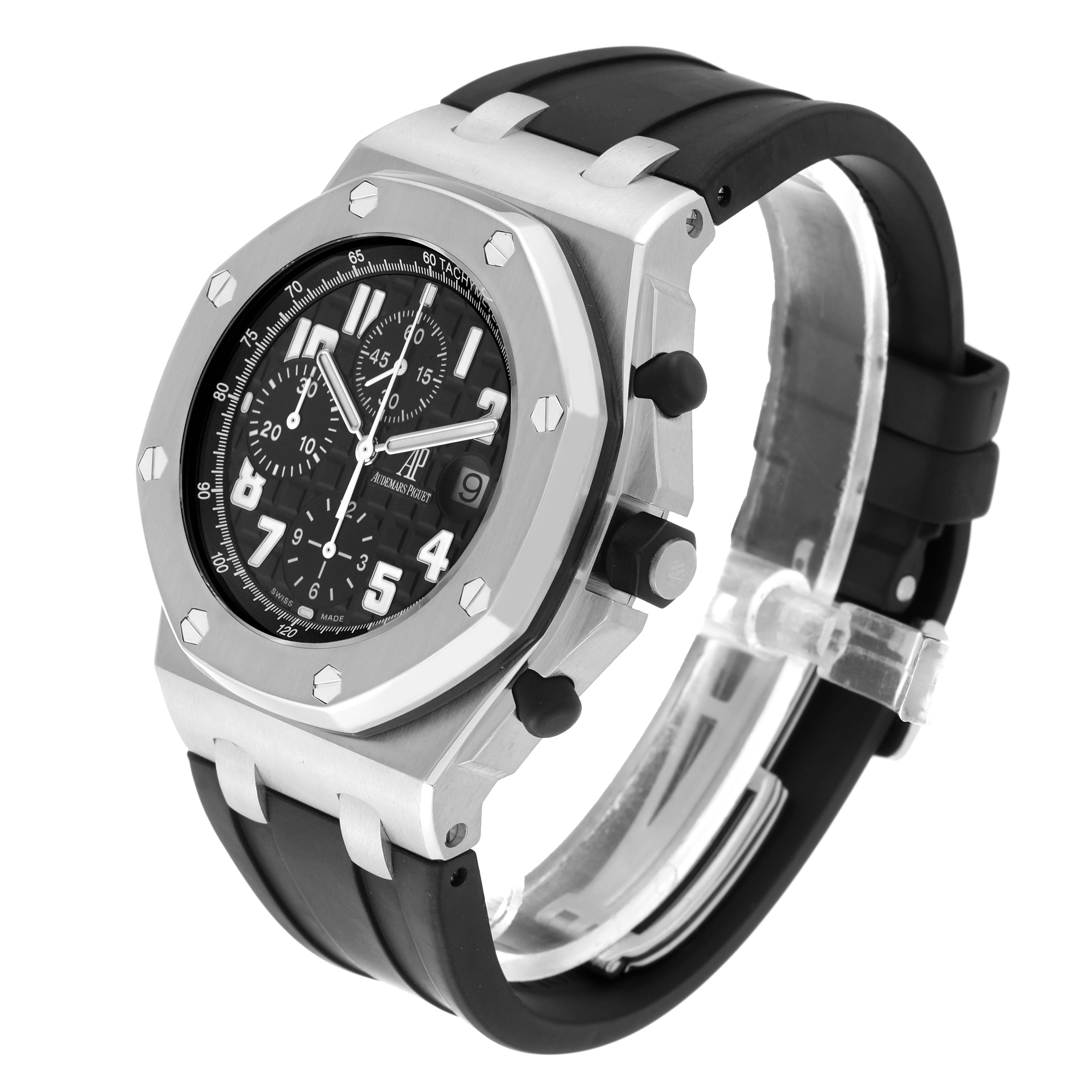 The Audemars Piguet Royal Oak Offshore 26170ST.OO.D101CR.03 Men's Stainless Steel Black Dial 26170ST.OO.D101CR.03 Men's Stainless Steel Black Dial watch is shown from a front-right angle, displaying its bezel, dial, and rubber strap.