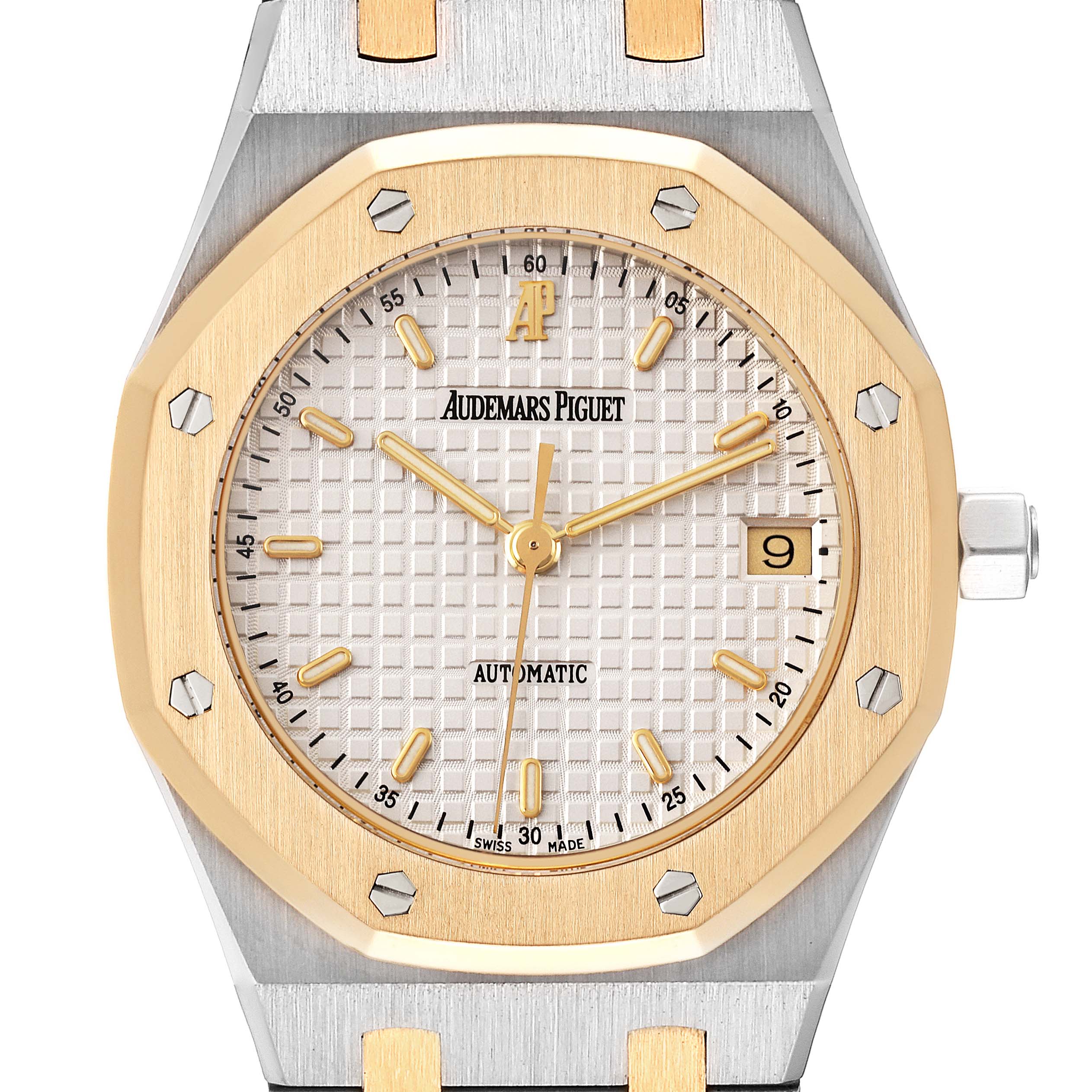 This is a close-up of the Audemars Piguet Royal Oak 14790SA.OO.0789SA.08 Men's Steel and Gold (two tone) Silver Dial 14790SA.OO.0789SA.08 Men's Steel and Gold (two tone) Silver Dial, focusing on the dial, bezel, and part of the bracelet.