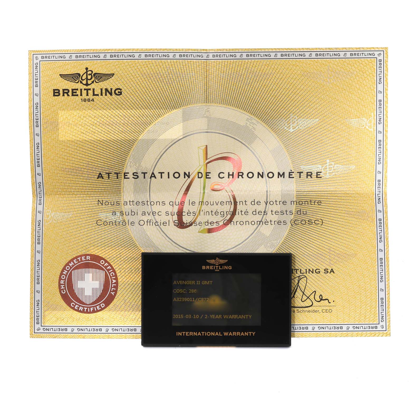 This image shows the certificate and international warranty card for a Breitling Avenger A3239011/C872 Men's Stainless Steel Blue Dial A3239011/C872 Men's Stainless Steel Blue Dial II GMT watch.