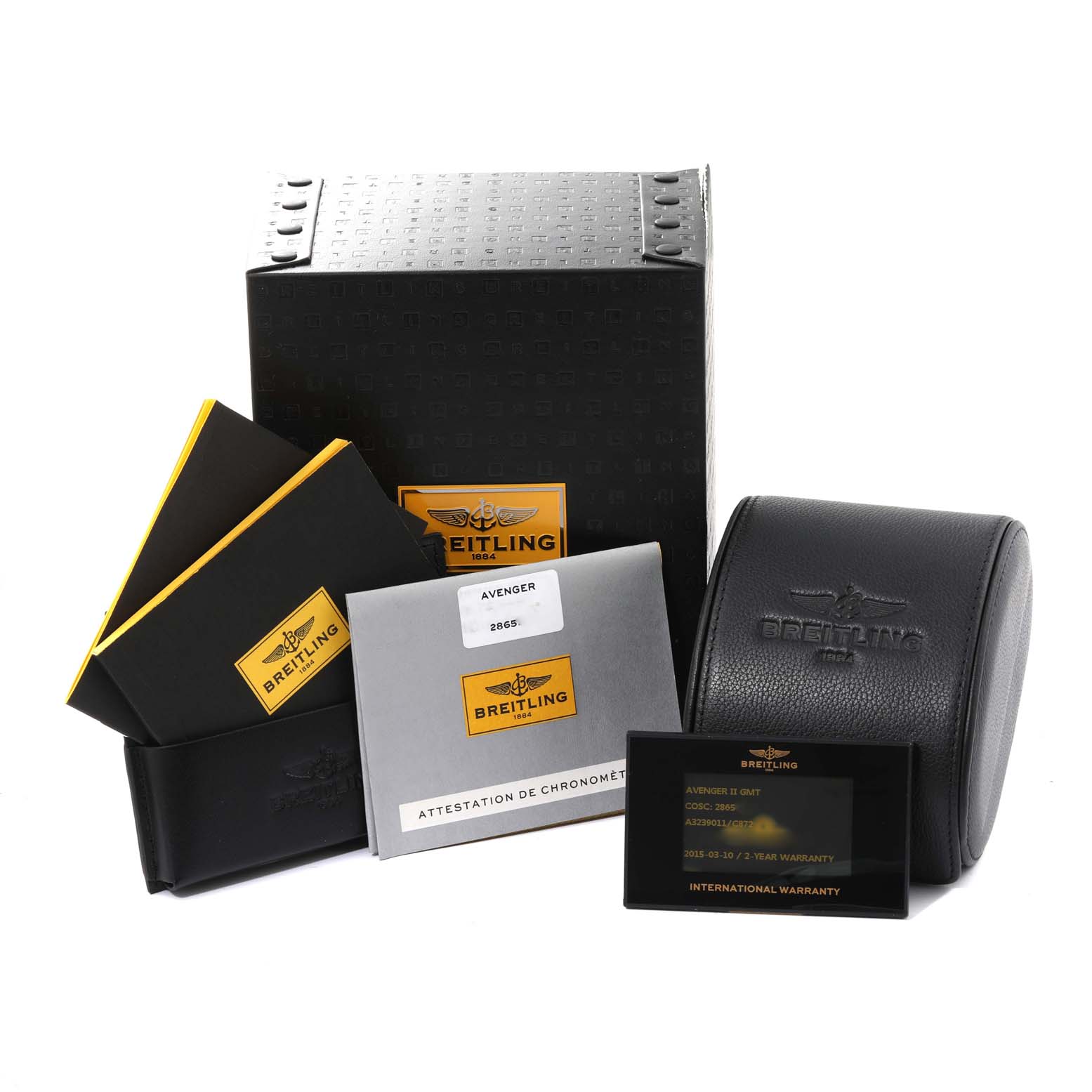 The image shows the packaging and accessories for the Breitling Avenger A3239011/C872 Men's Stainless Steel Blue Dial A3239011/C872 Men's Stainless Steel Blue Dial watch, including the box, manuals, and warranty card.