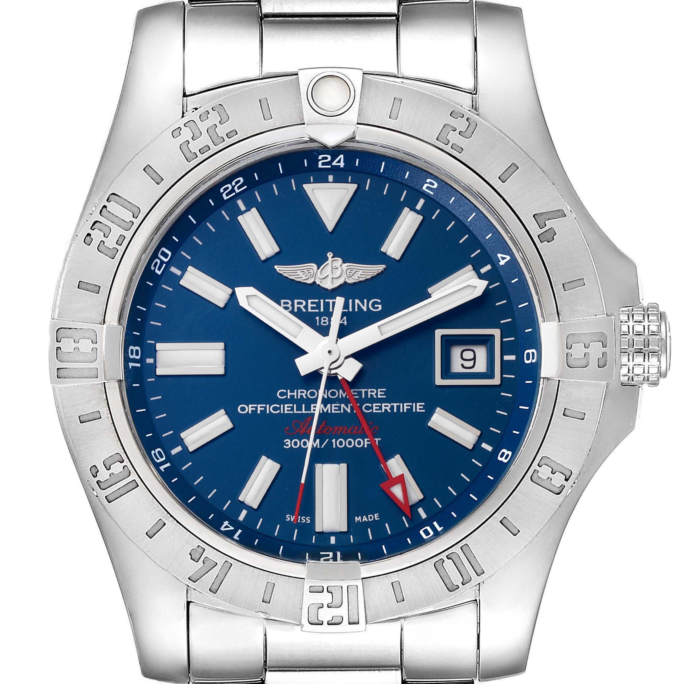 The image shows a Breitling Avenger A3239011/C872 Men's Stainless Steel Blue Dial A3239011/C872 Men's Stainless Steel Blue Dial watch from a front angle, highlighting the dial, bezel, and part of the bracelet.