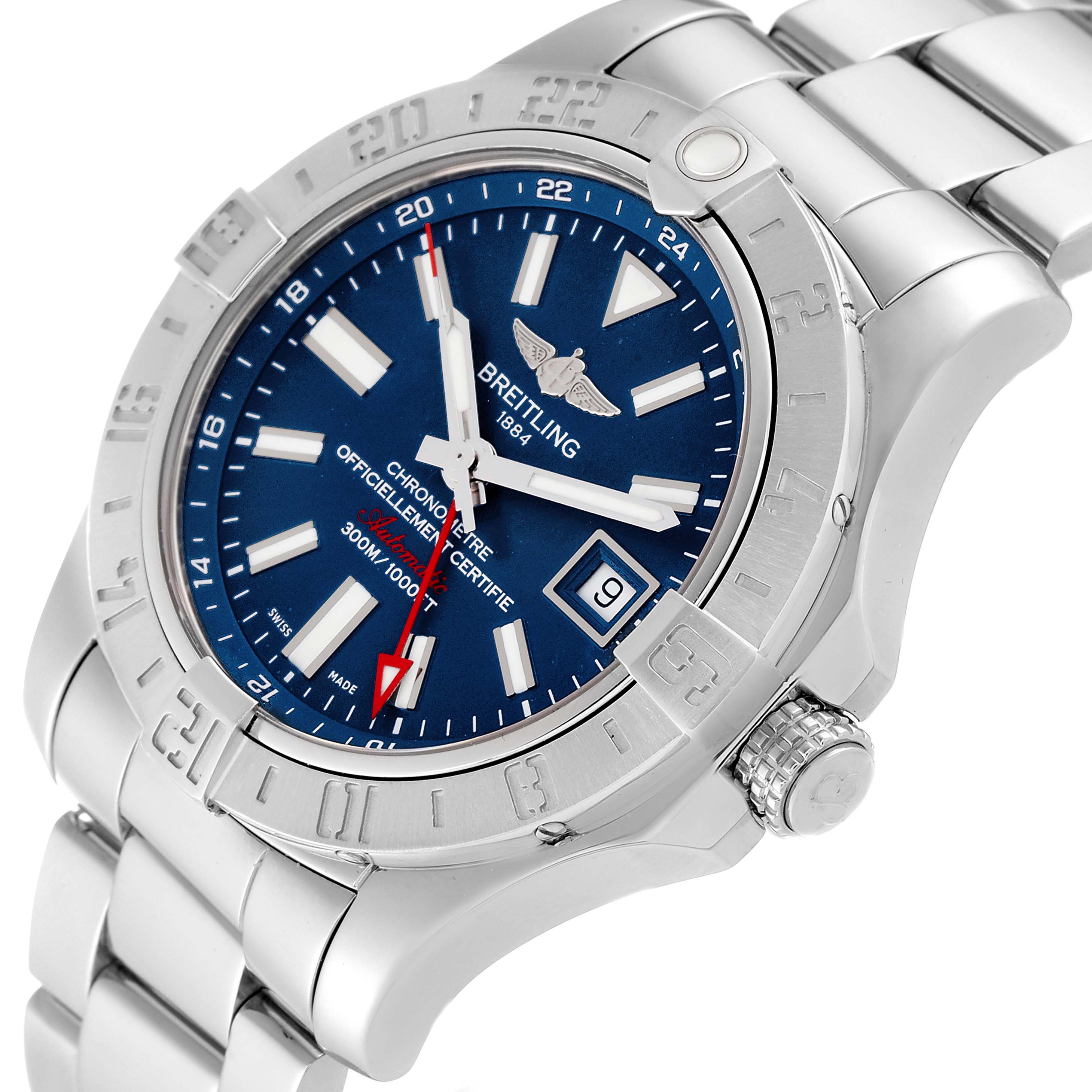 This image shows the Breitling Avenger A3239011/C872 Men's Stainless Steel Blue Dial A3239011/C872 Men's Stainless Steel Blue Dial watch at a three-quarter angle, highlighting the face, dial, bezel, crown, and bracelet.