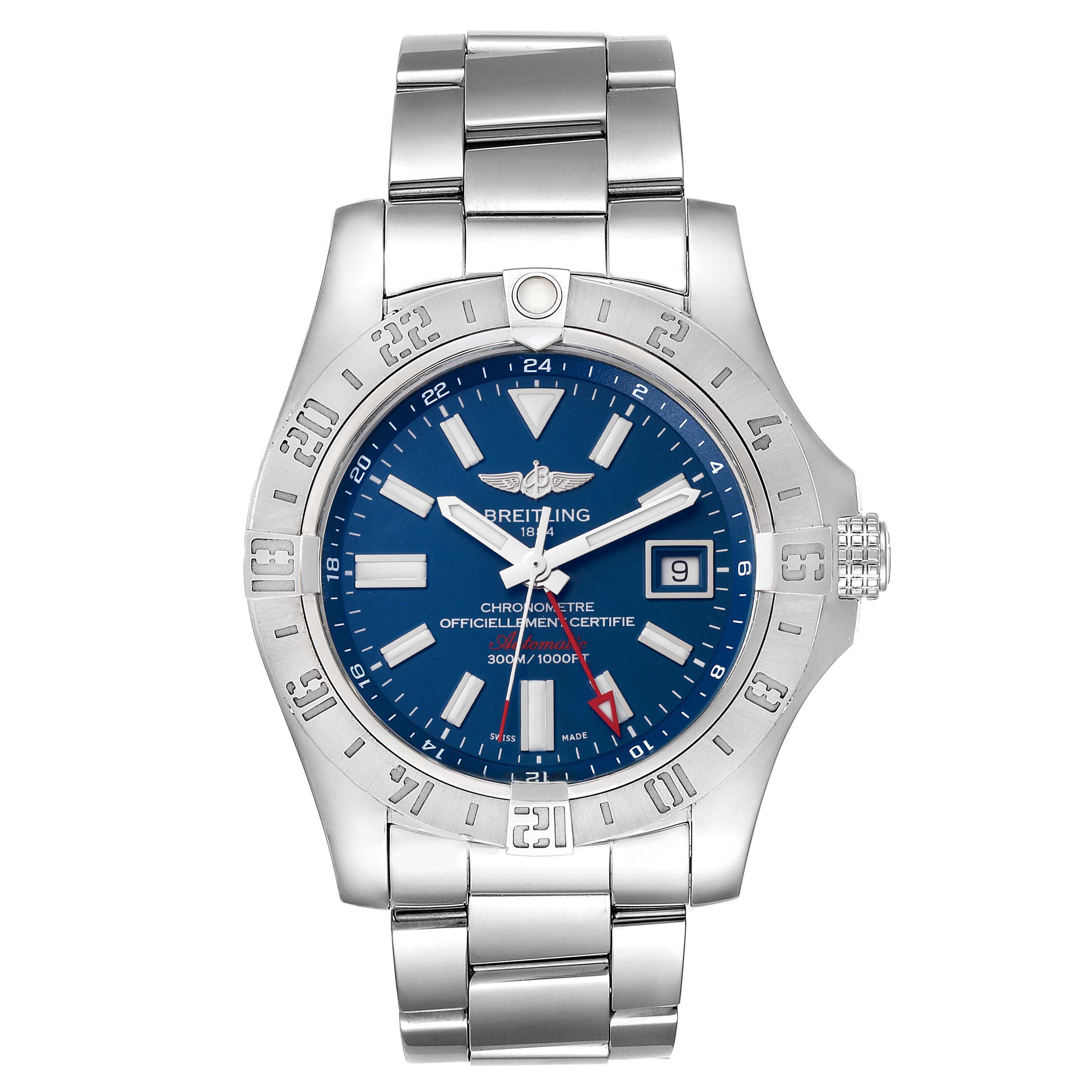 This image shows a straight-on view of the Breitling Avenger A3239011/C872 Men's Stainless Steel Blue Dial A3239011/C872 Men's Stainless Steel Blue Dial watch, highlighting its blue dial, date window, bezel, and metal bracelet.