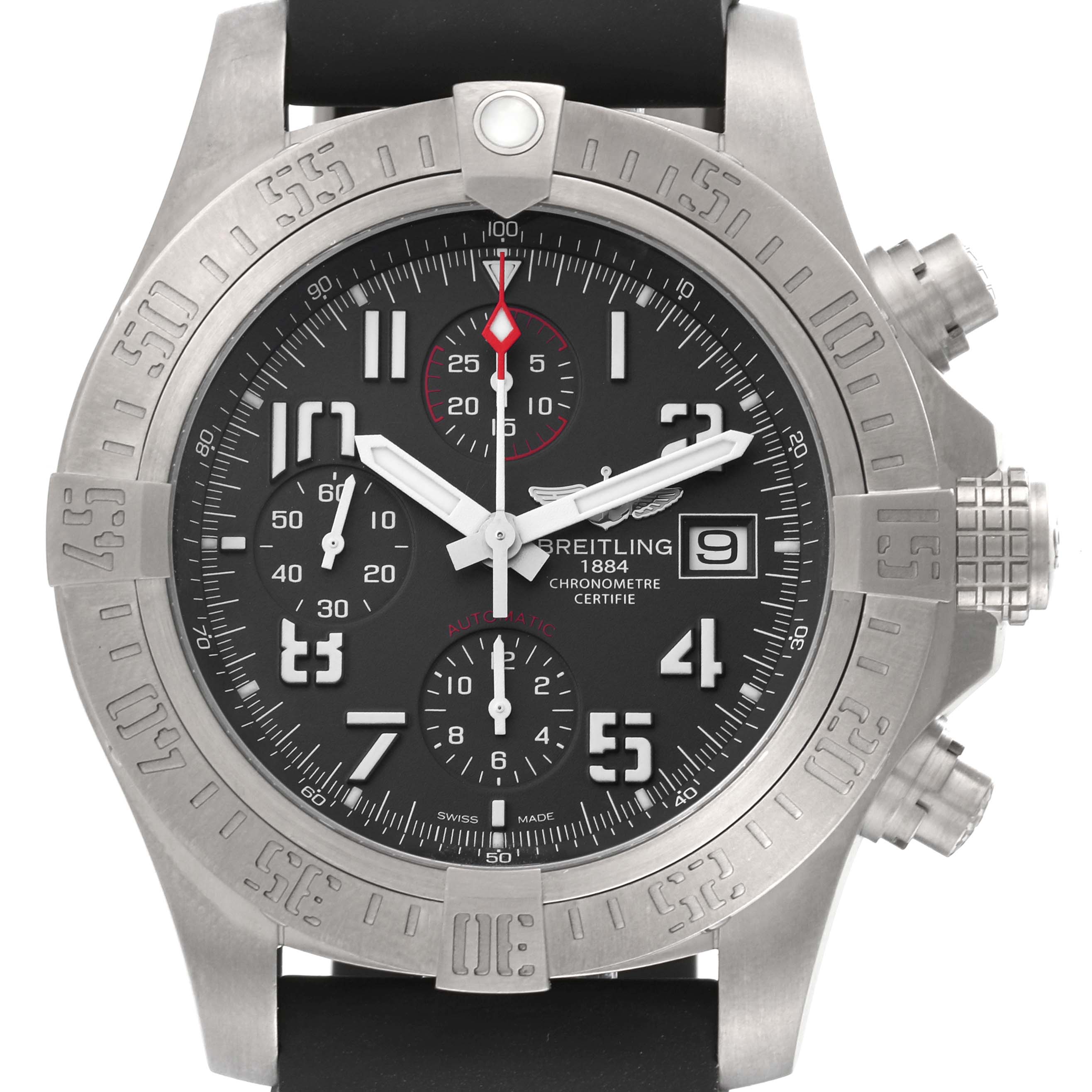 The Breitling Avenger E13383 Men's Titanium Grey Dial E13383 Men's Titanium Grey Dial watch is shown from a front angle, displaying the dial, hands, subdials, date window, and bezel.