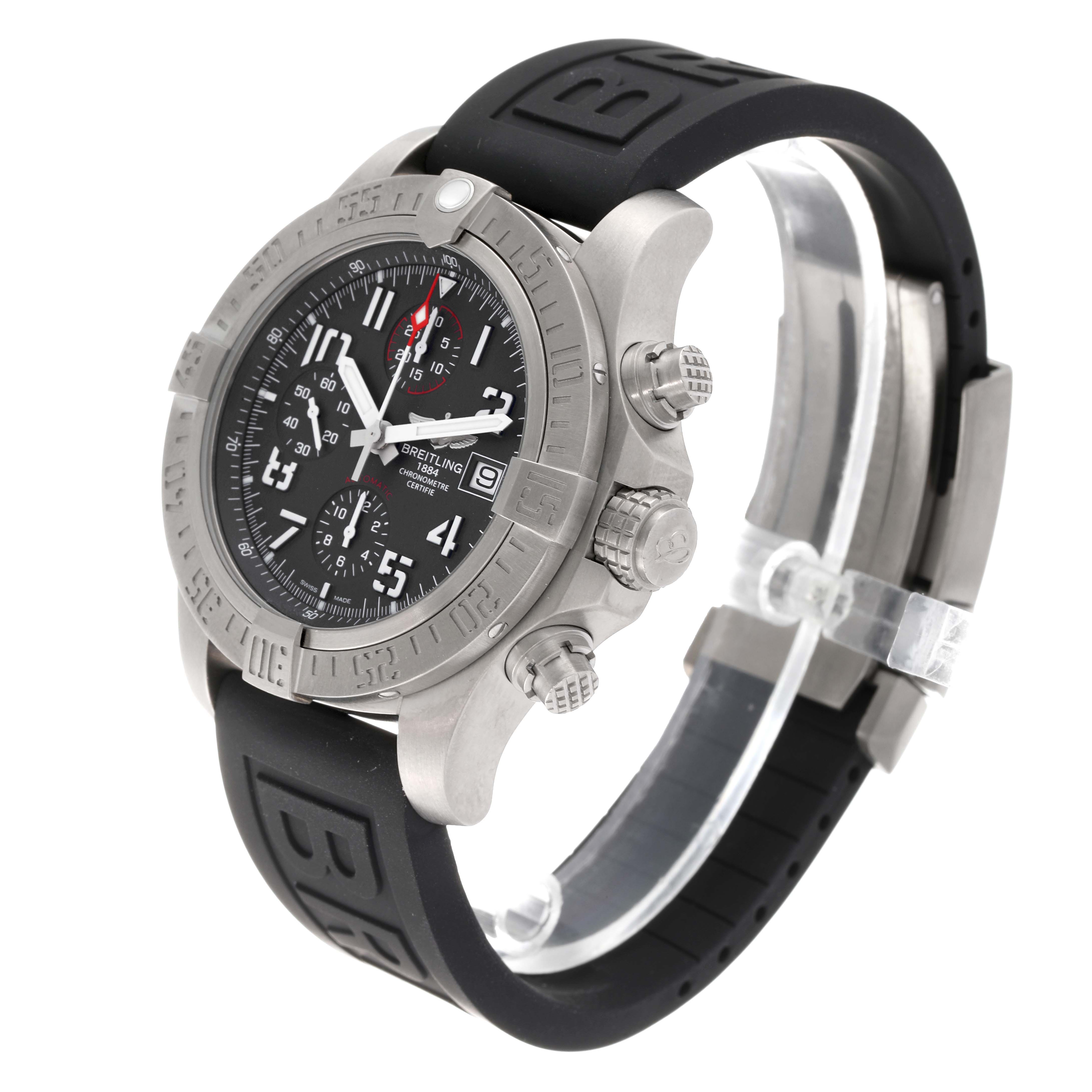 The Breitling Avenger E13383 Men's Titanium Grey Dial E13383 Men's Titanium Grey Dial watch is shown at a three-quarter angle, highlighting the bezel, crown, pushers, and rubber strap.