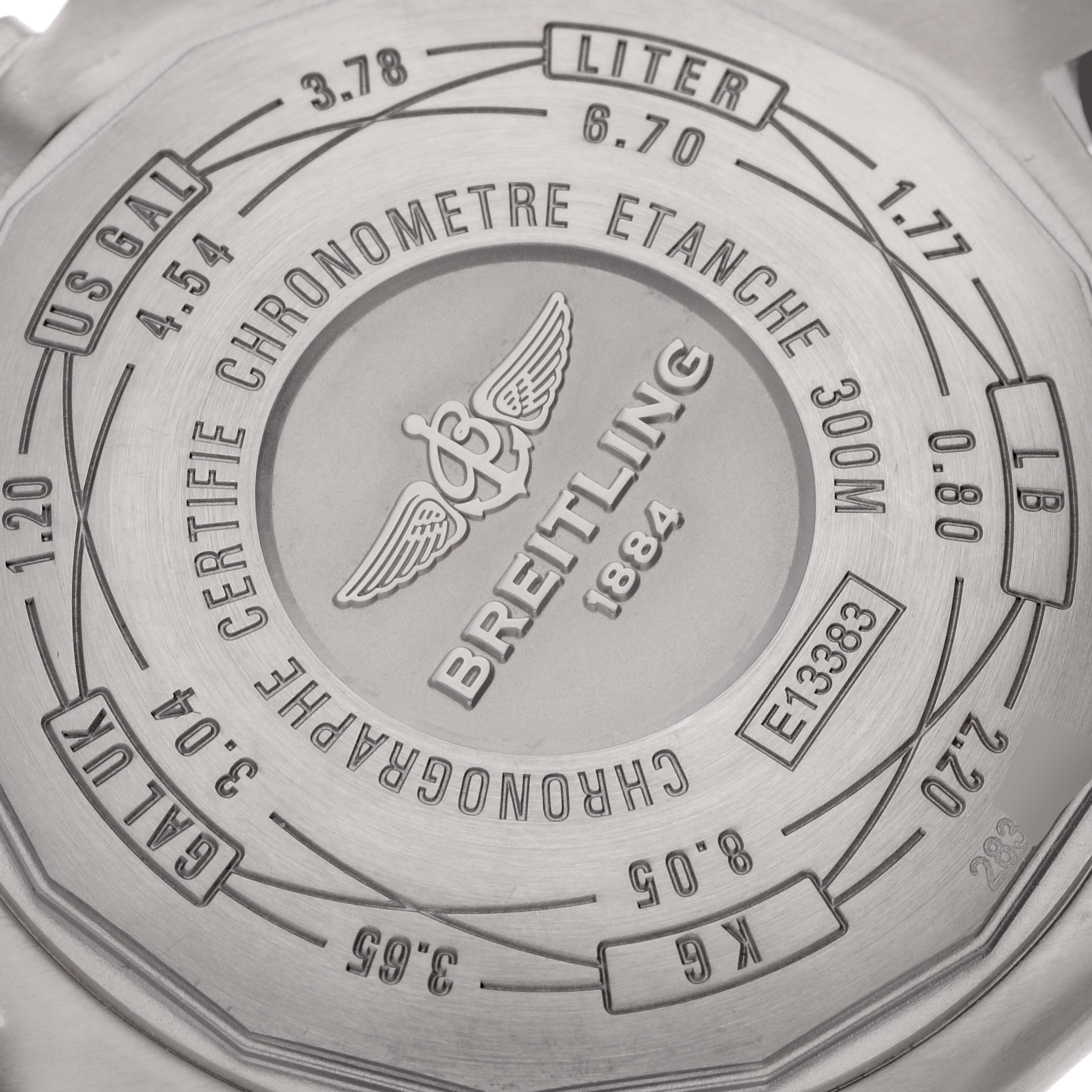 The image shows the back case of the Breitling Avenger E13383 Men's Titanium Grey Dial E13383 Men's Titanium Grey Dial watch, displaying various unit conversions and the brand's logo.
