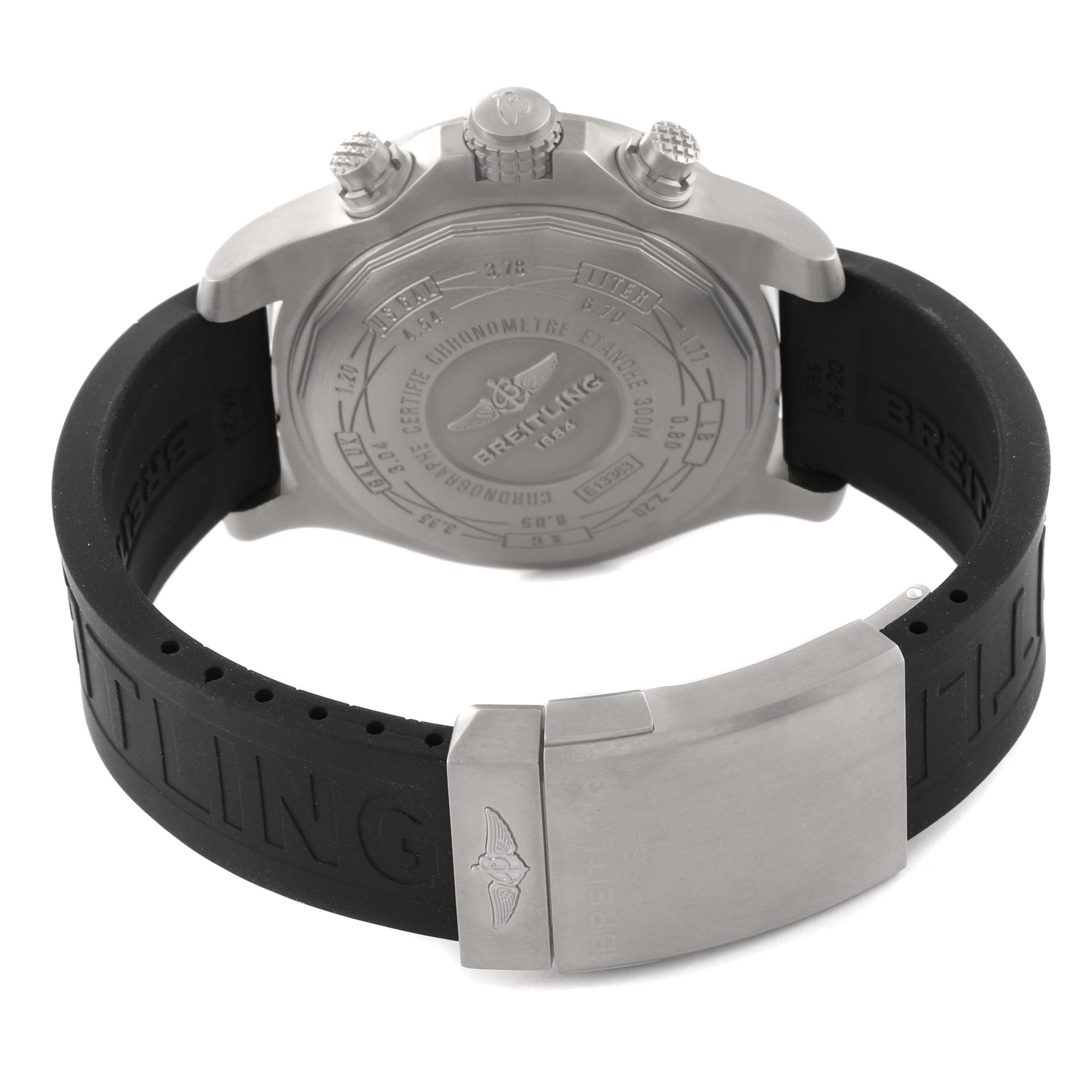 The image shows the backside and buckle of a Breitling Avenger E13383 Men's Titanium Grey Dial E13383 Men's Titanium Grey Dial watch, highlighting the case back, strap, and clasp.