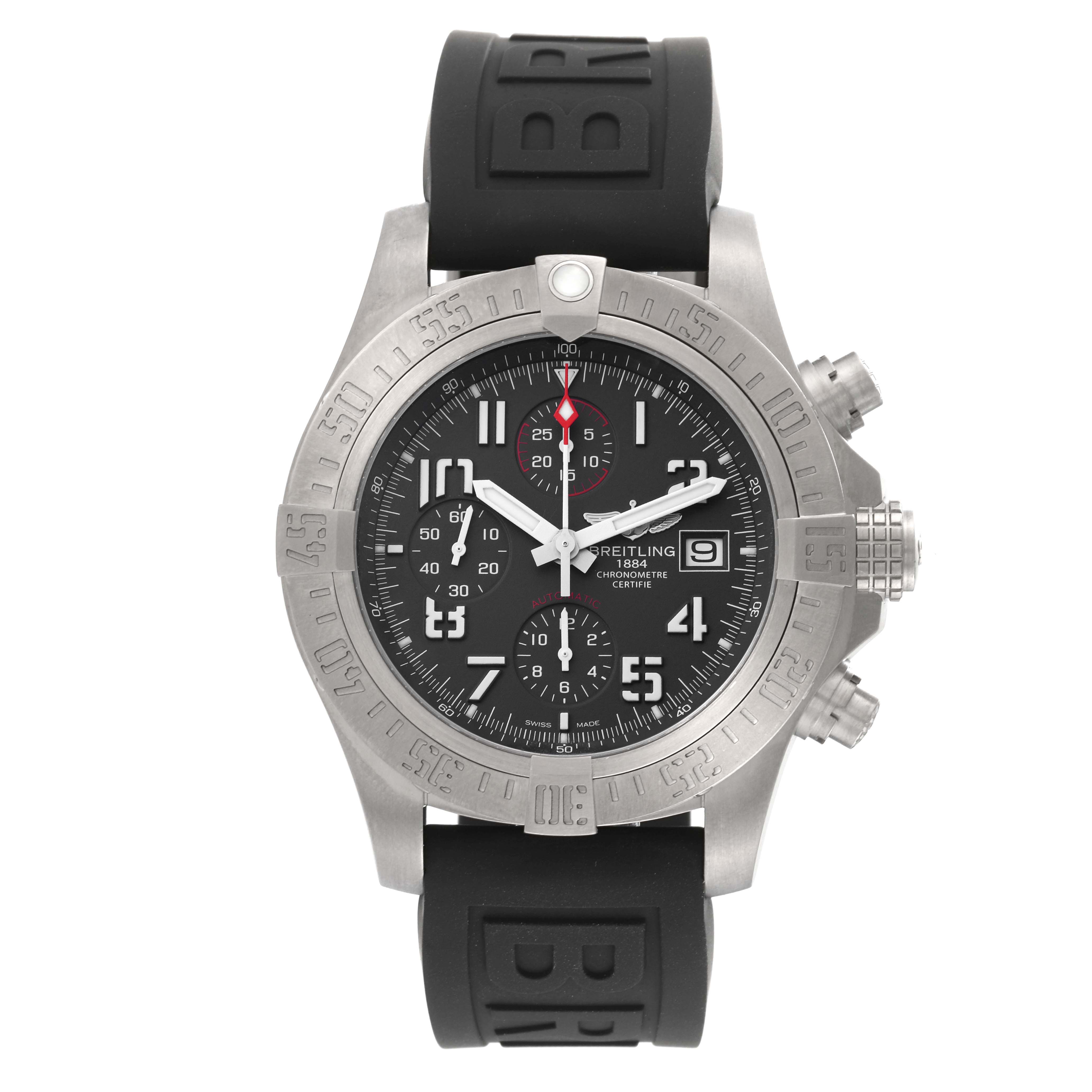 This image shows the Breitling Avenger E13383 Men's Titanium Grey Dial E13383 Men's Titanium Grey Dial watch from a front angle, highlighting its face, bezel, and rubber strap.