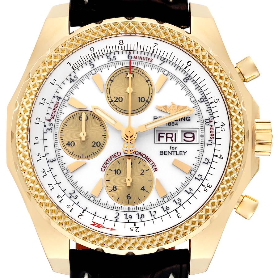 The image shows a Breitling Bentley watch face, detailing the chronograph dials, date, and day complications.