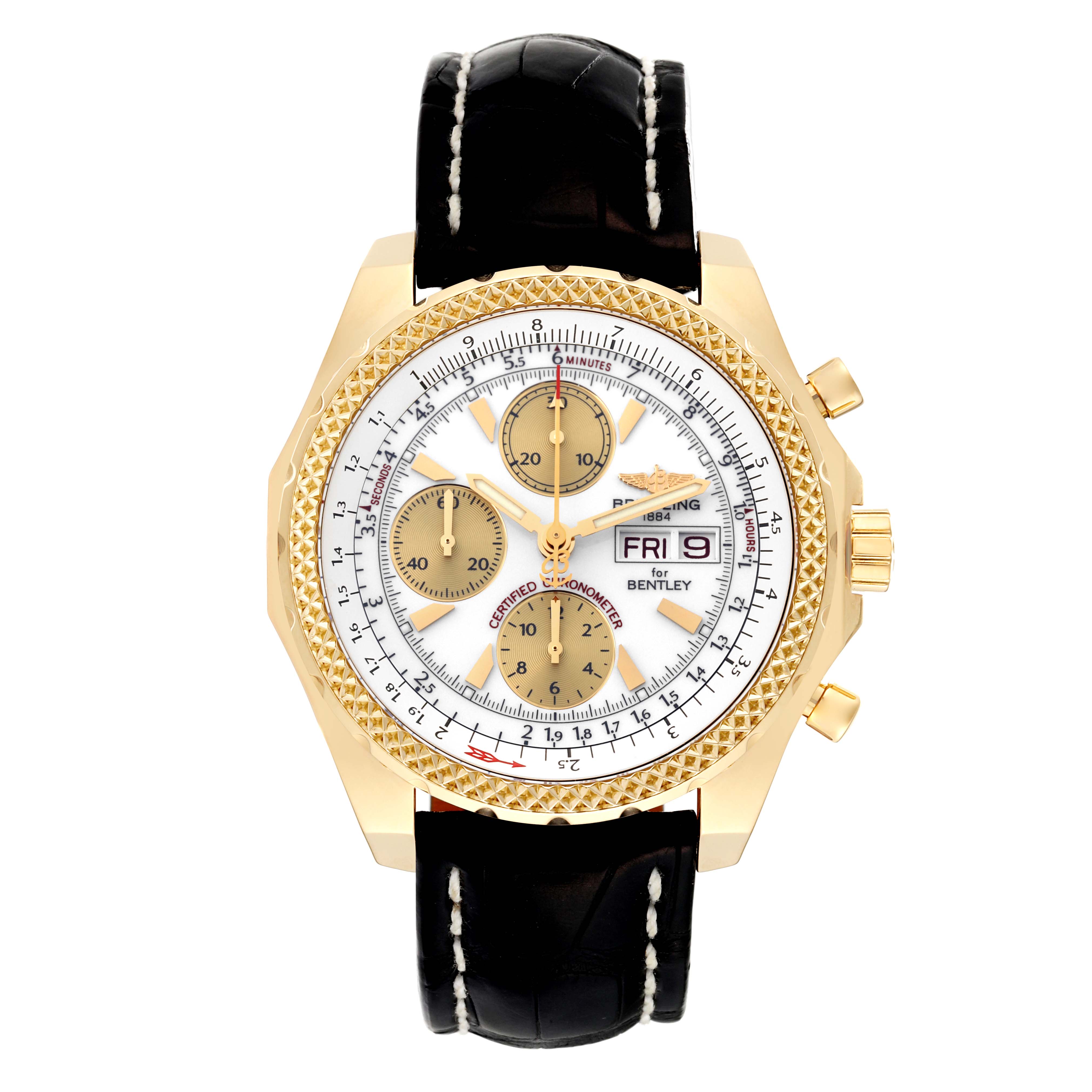 The image shows a front view of the Breitling Bentley K13362 Men
s Yellow Gold White Dial K13362 Men
s Yellow Gold White Dial model watch with gold case, white dial, three sub-dials, and a black leather strap.