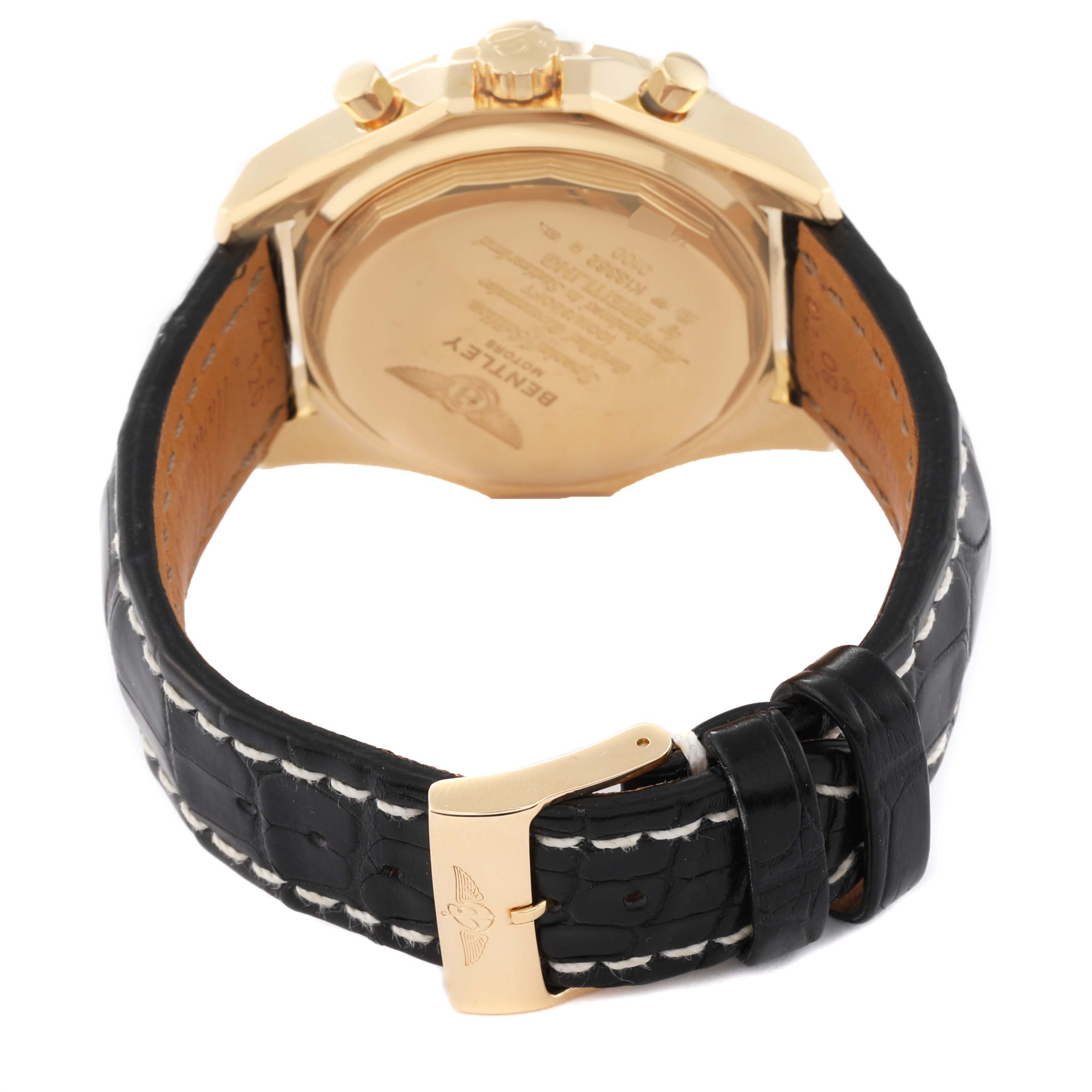 The image shows the rear view of a Bentley model by Breitling, highlighting its black leather strap with white stitching and gold buckle.
