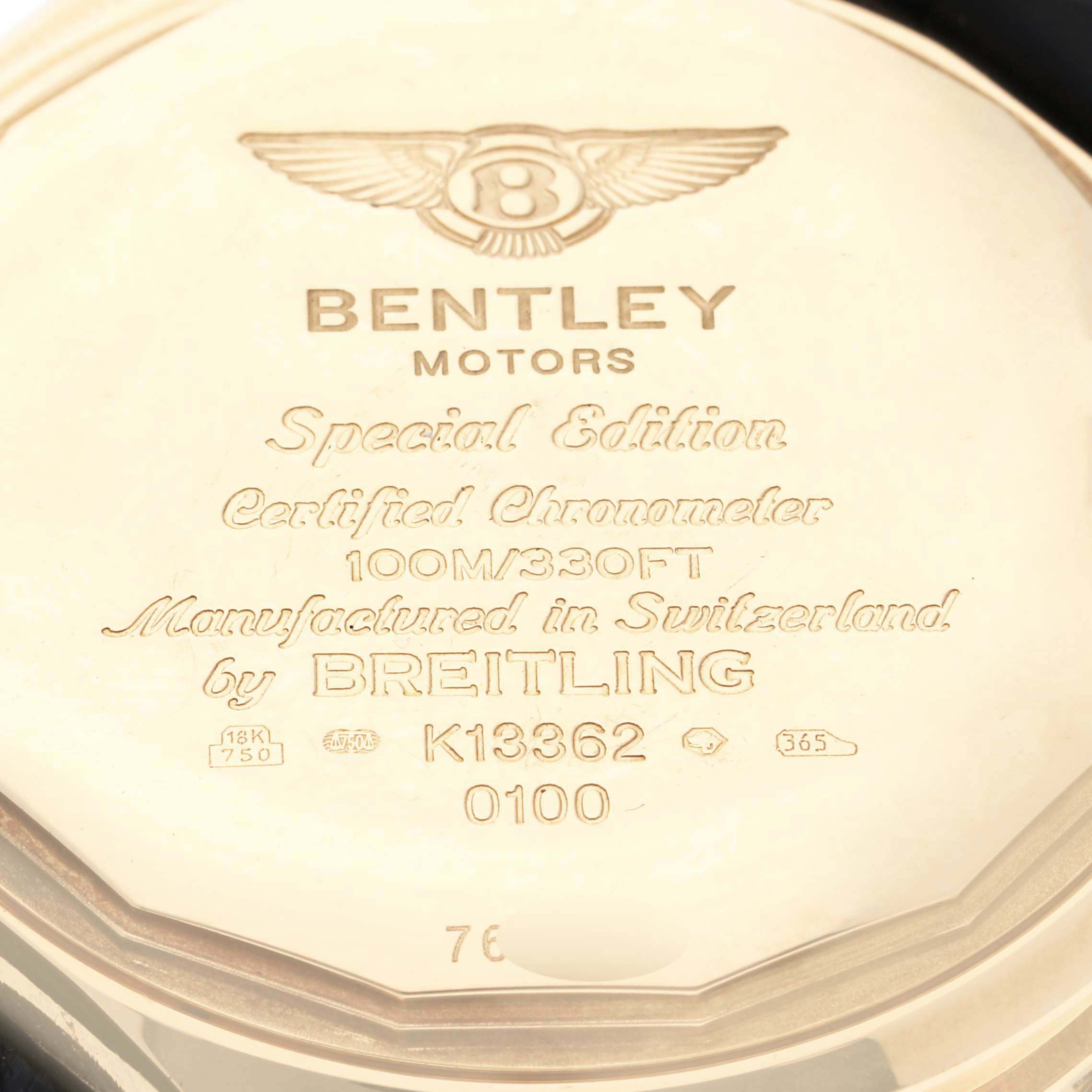 The image shows the back case of a Bentley model by Breitling, displaying engraved text and branding.
