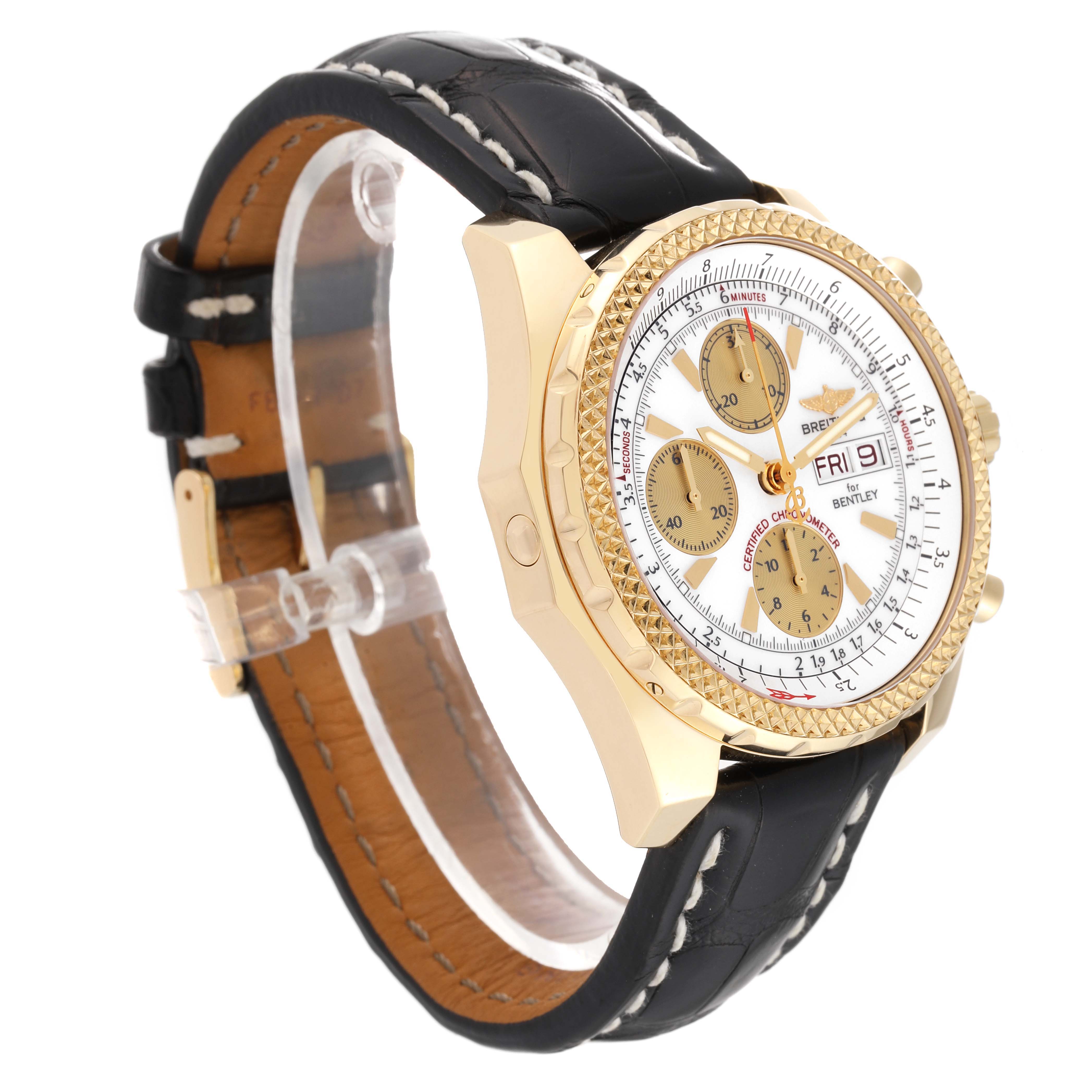 This image shows a Bentley model by Breitling at a three-quarter angle, highlighting the watch face, bezel, and leather strap.